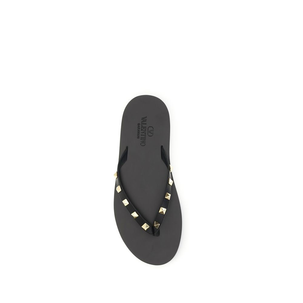Valentino Garavani Black Calf Leather Bos Taurus Flip-Flop Sandals | Regal Royce