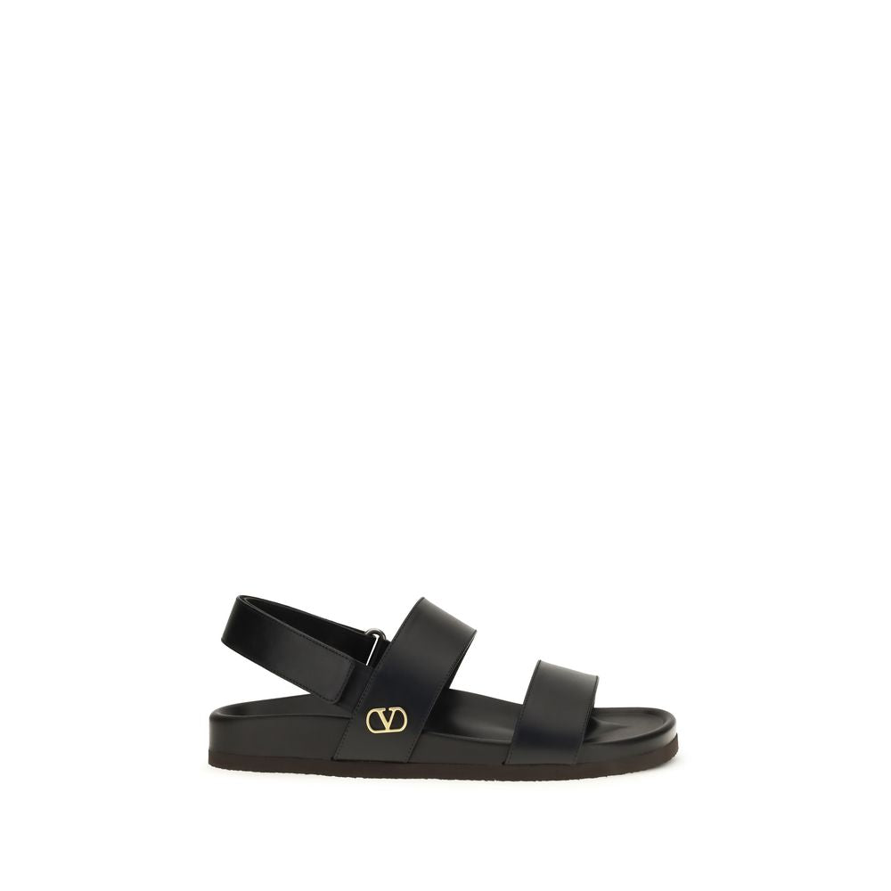 Valentino Garavani Black Calf Leather Bos Taurus Flat Sandals | Regal Royce