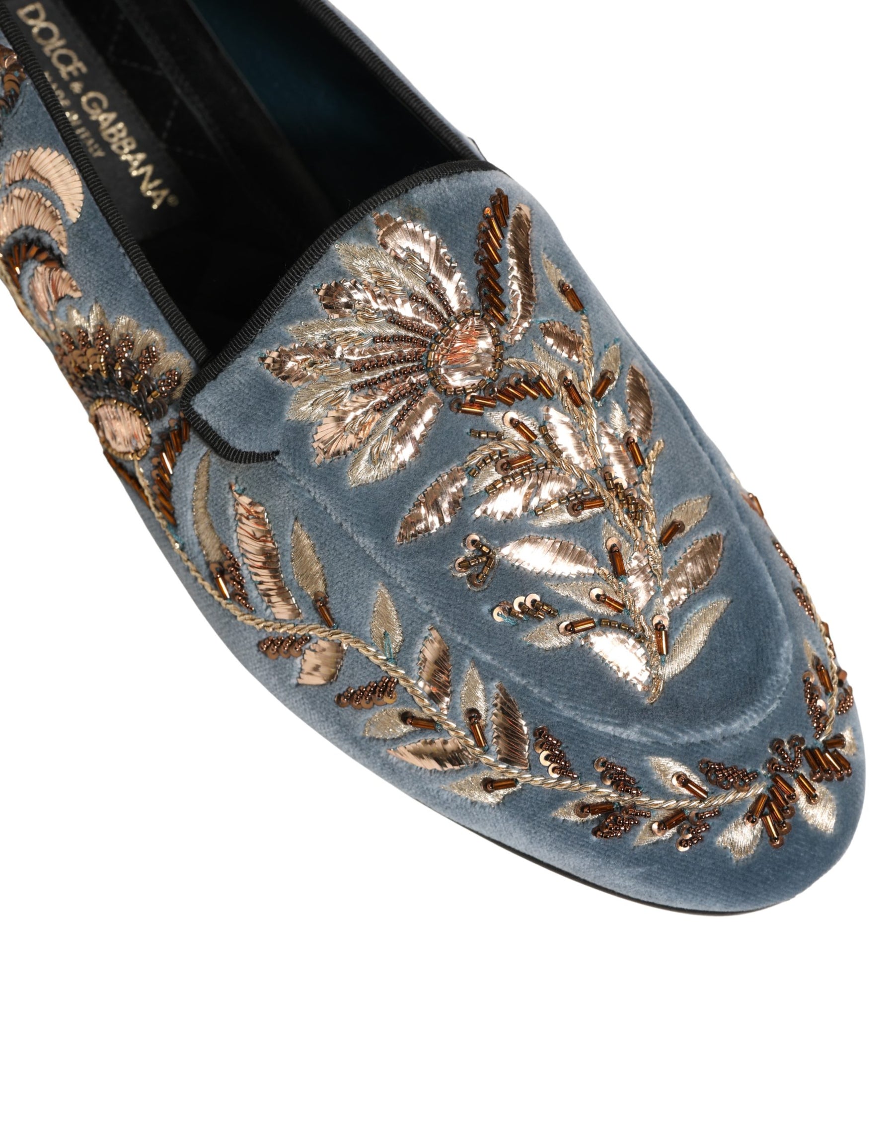 Dolce & Gabbana Blue Velvet Embellished Dress Loafers Shoes | Regal Royce
