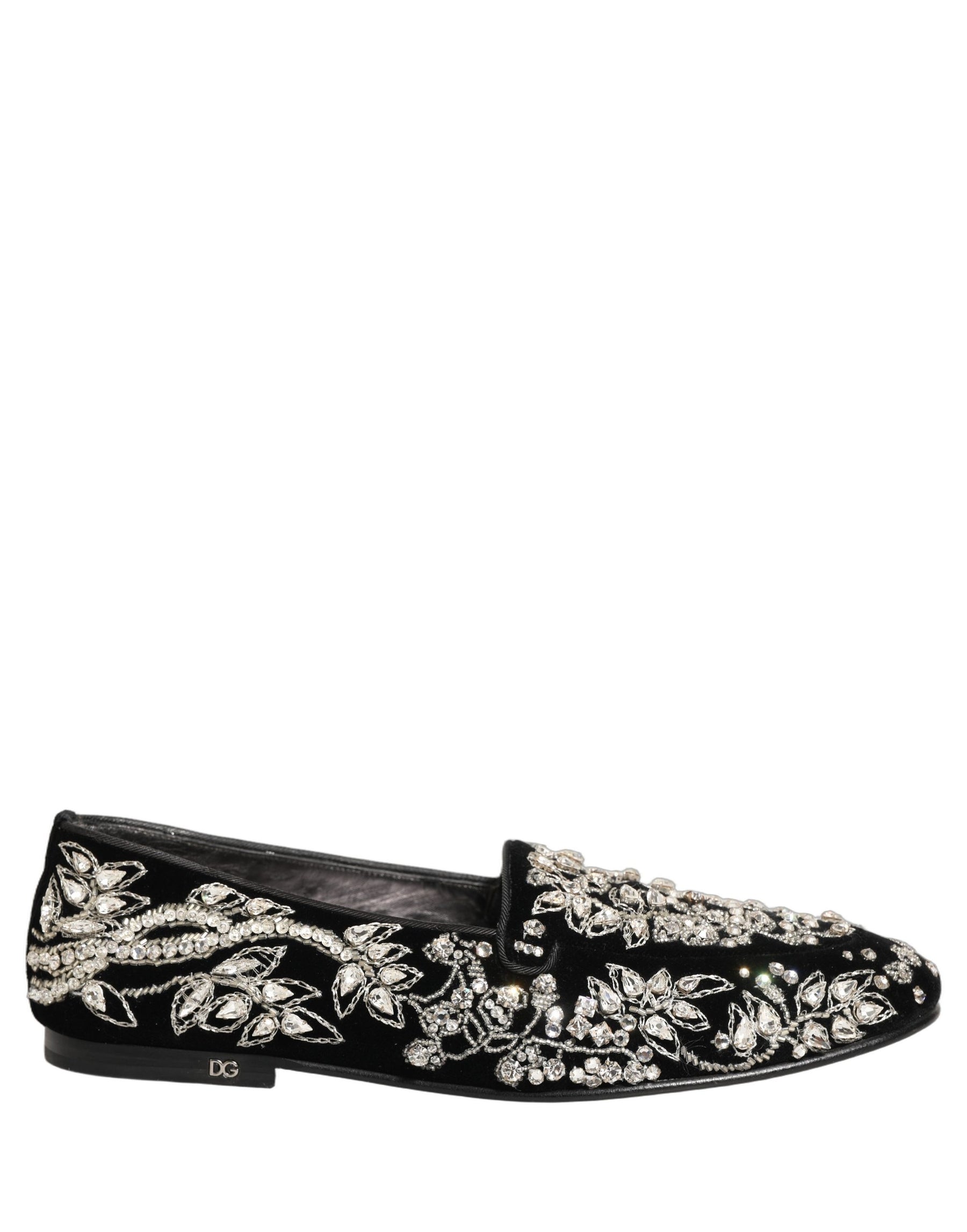 Dolce & Gabbana Black Velvet Embellished Dress Loafers Shoes | Regal Royce