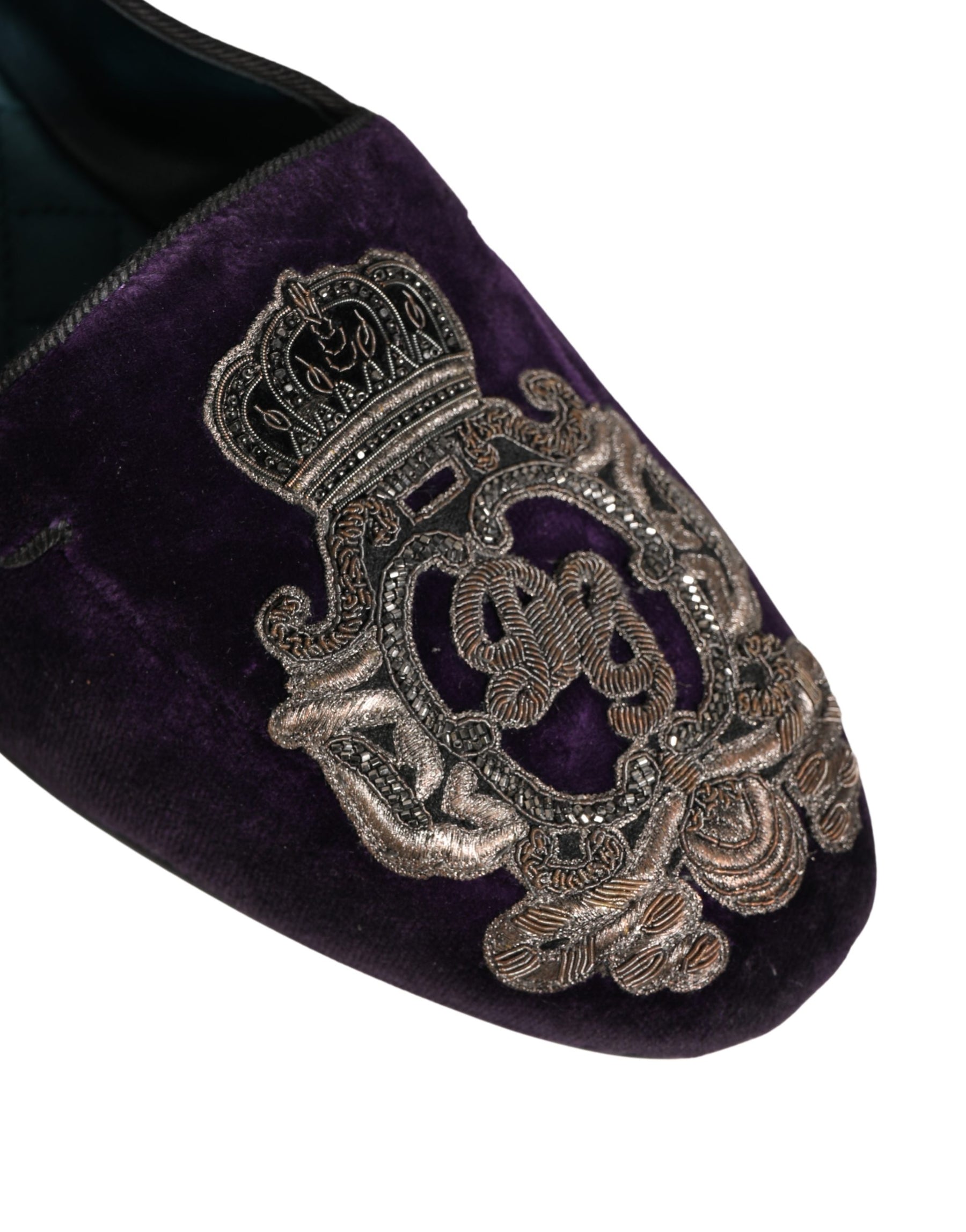 Dolce & Gabbana Purple Velvet Crown Embroidery Loafers Shoes | Regal Royce