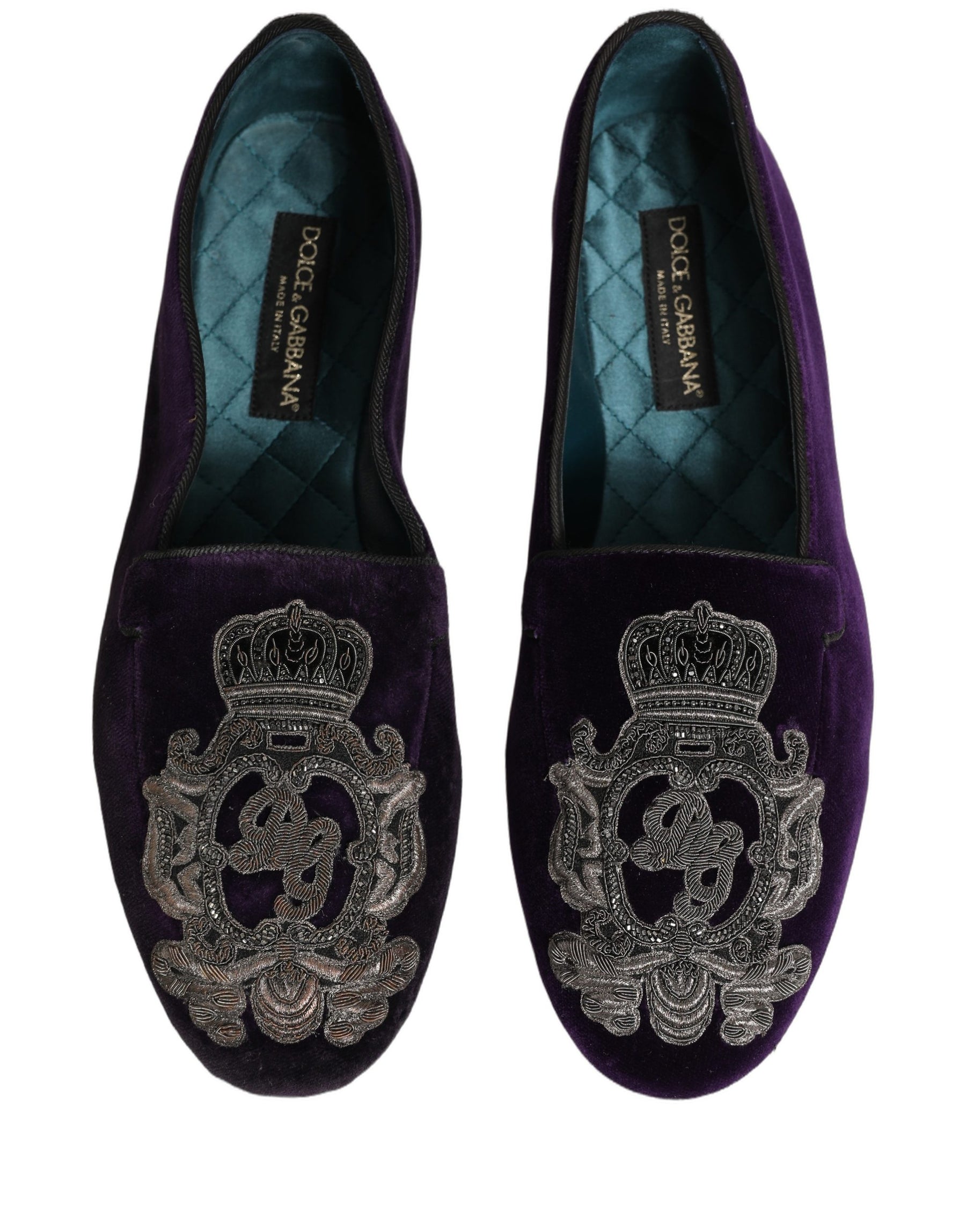 Dolce & Gabbana Purple Velvet Crown Embroidery Loafers Shoes | Regal Royce