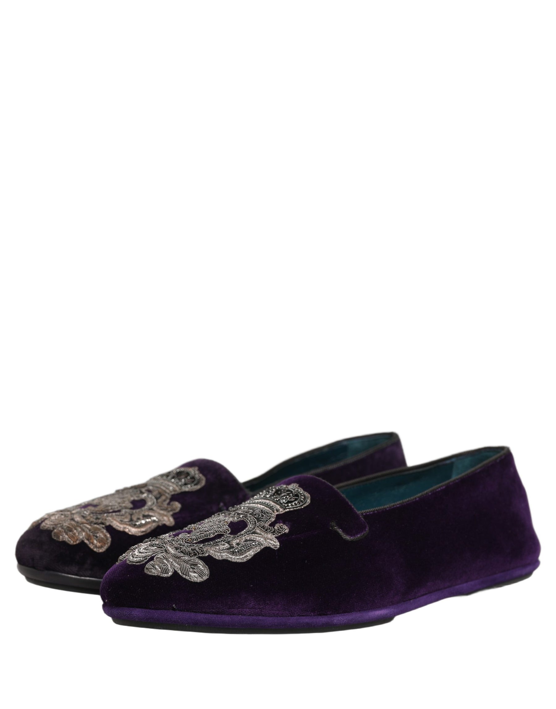Dolce & Gabbana Purple Velvet Crown Embroidery Loafers Shoes | Regal Royce