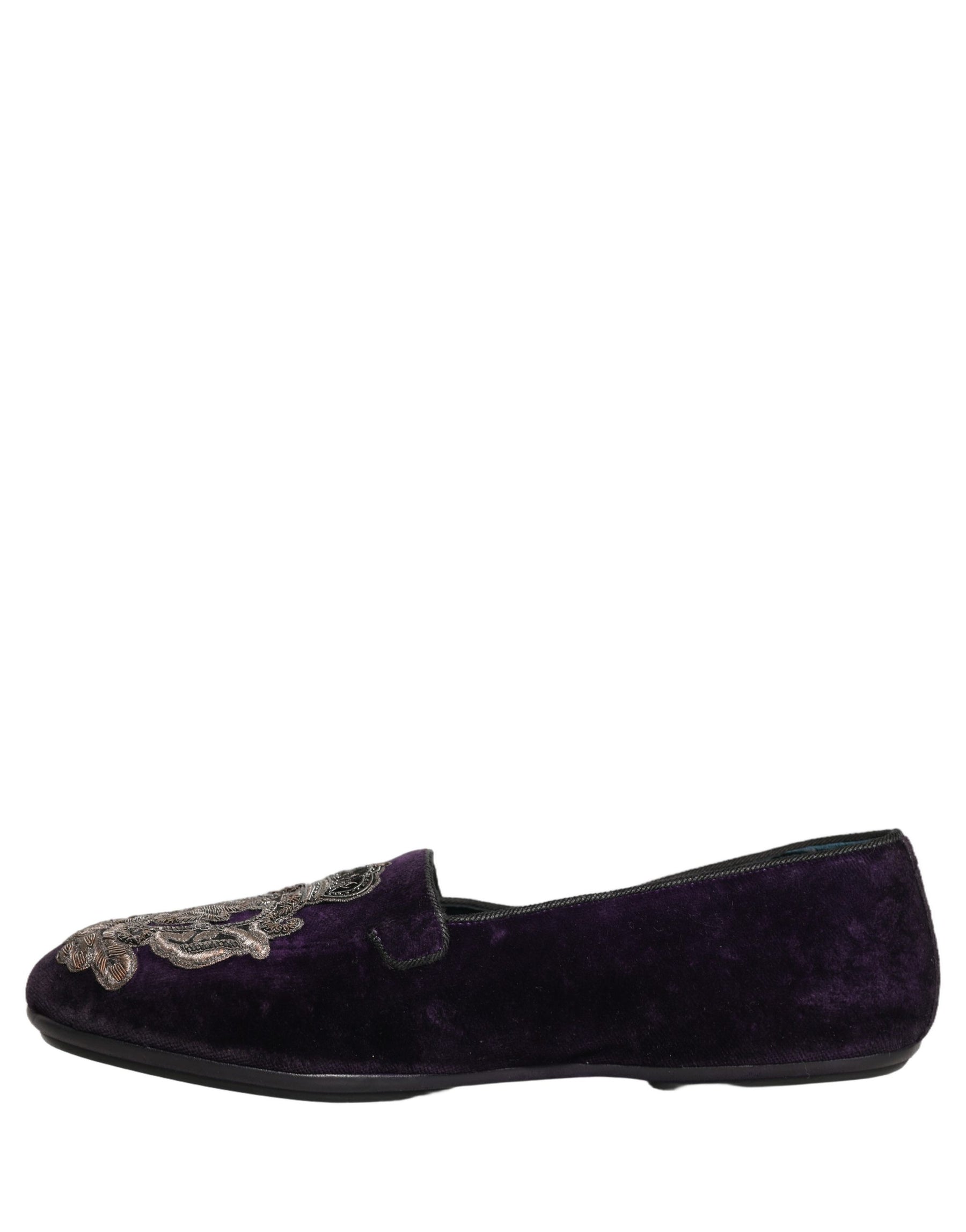 Dolce & Gabbana Purple Velvet Crown Embroidery Loafers Shoes | Regal Royce