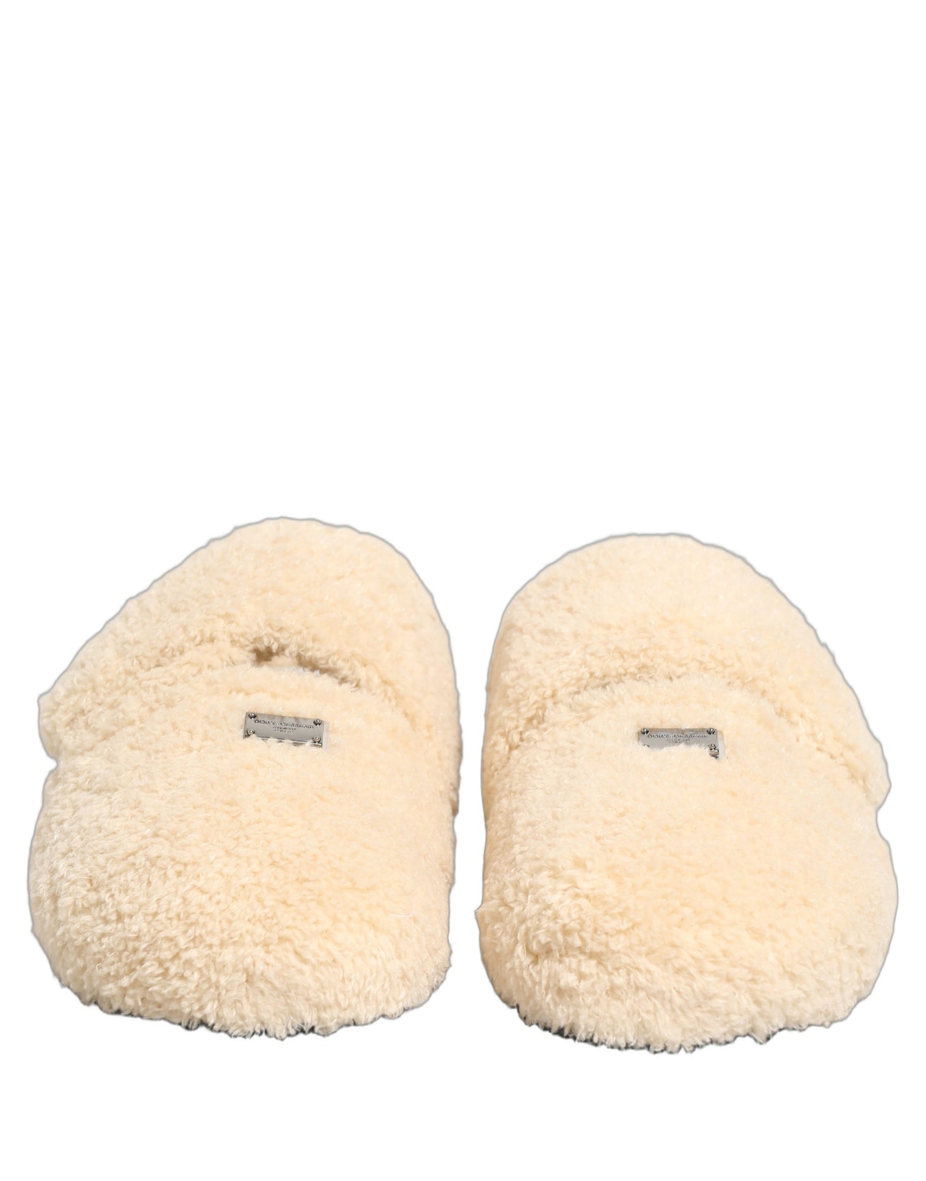 Dolce & Gabbana Beige Faux Fur Flats Men Slides Sandals Shoes | Regal Royce