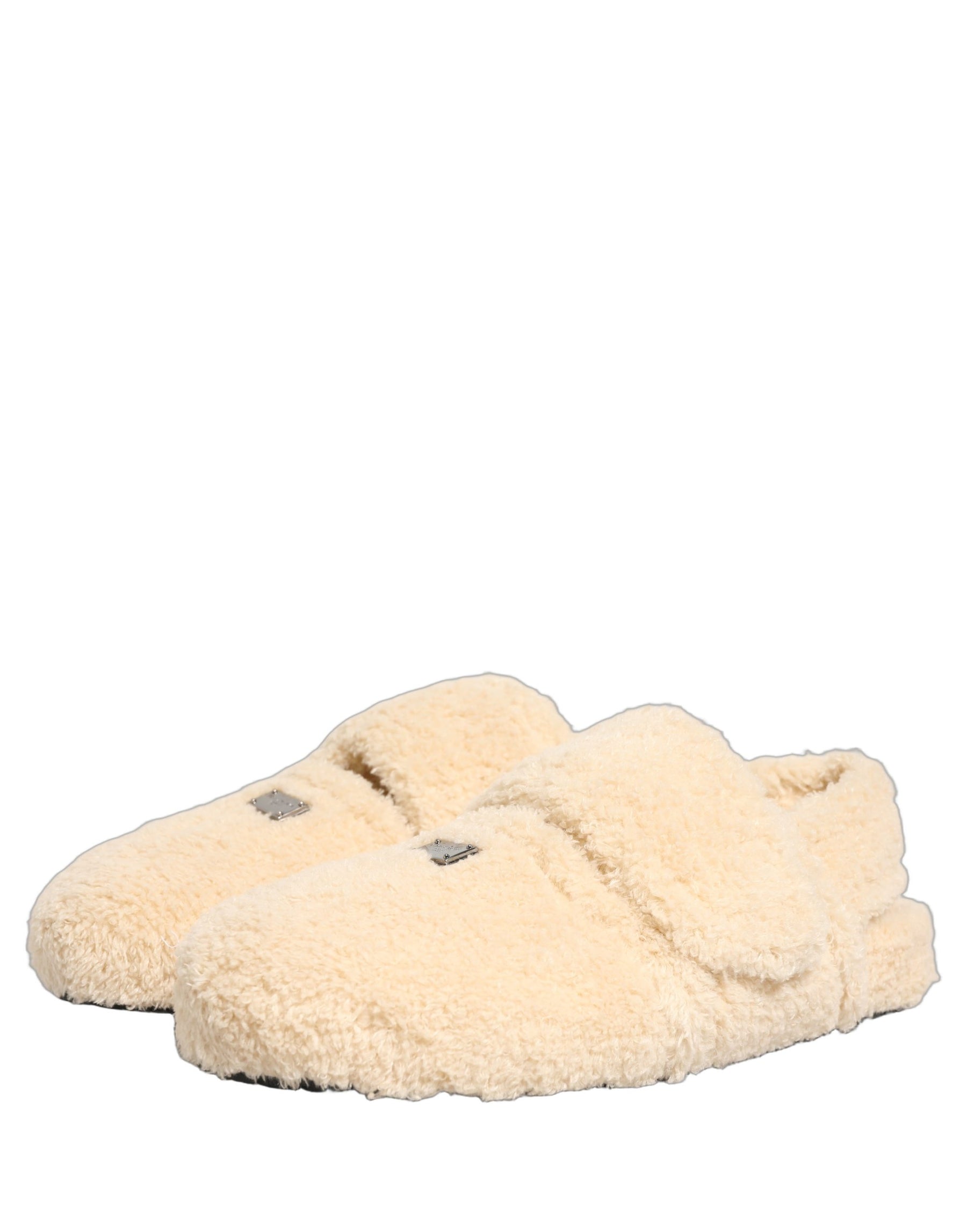 Dolce & Gabbana Beige Faux Fur Flats Men Slides Sandals Shoes | Regal Royce