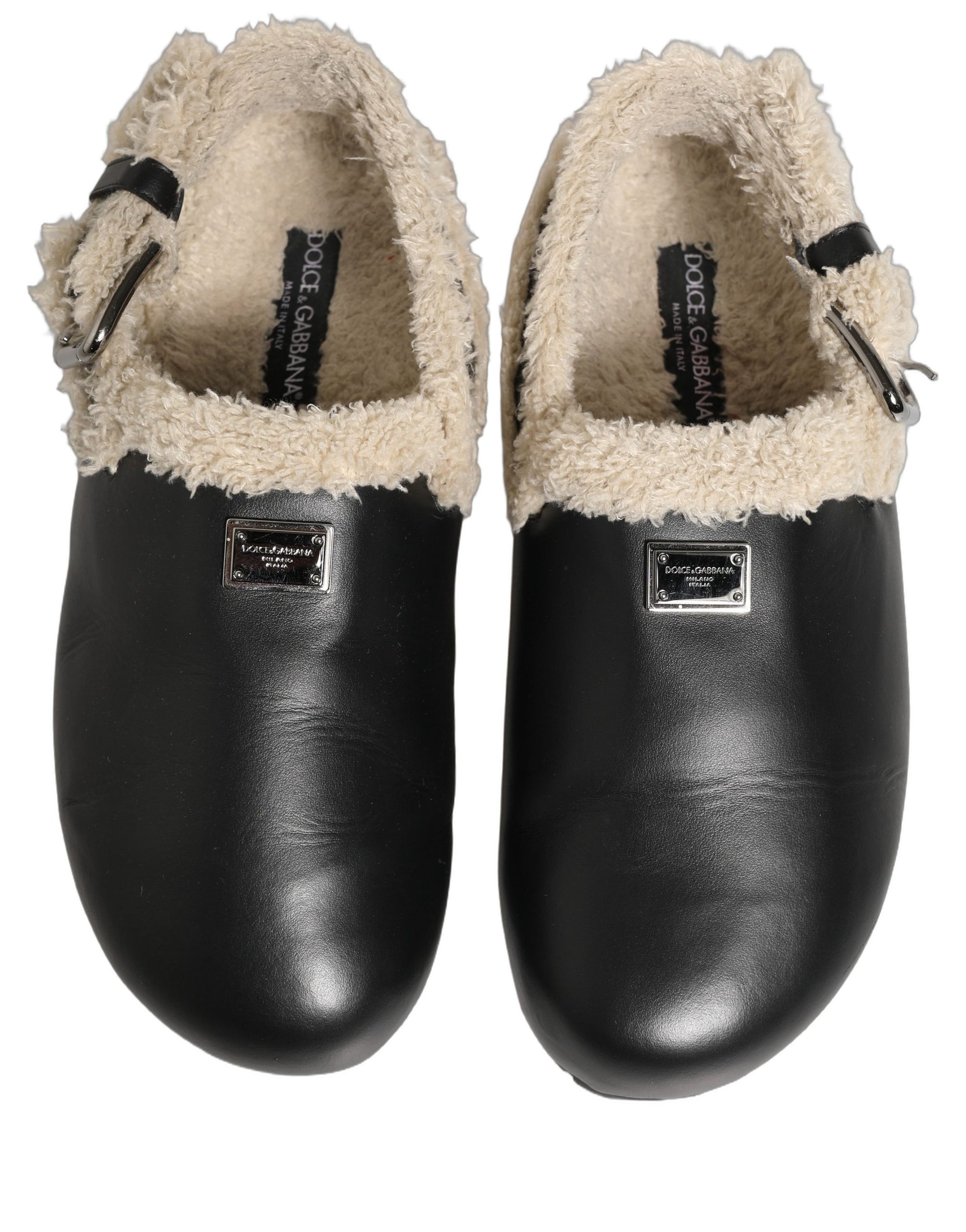 Dolce & Gabbana Beige Black Fur Shearling Slides Sandals Shoes | Regal Royce