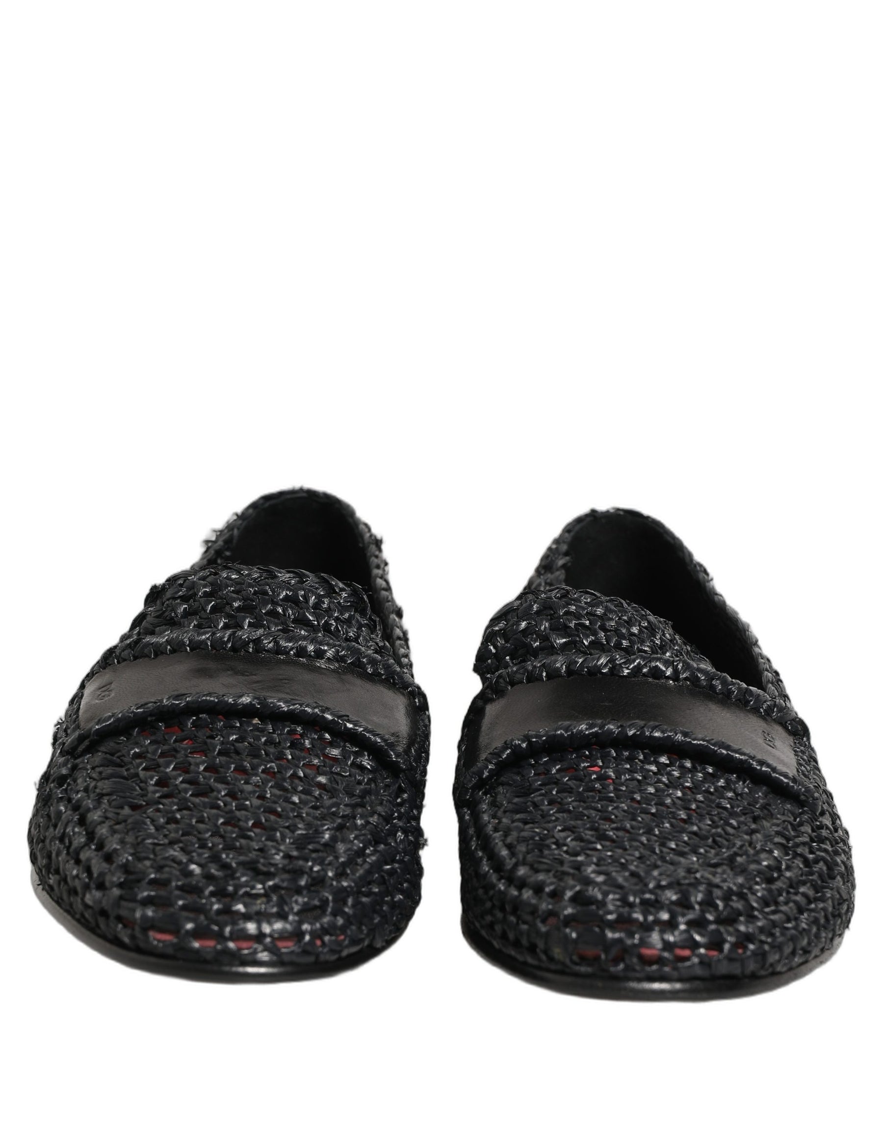 Dolce & Gabbana Black Woven Raffia Slip On Loafers Shoes | Regal Royce
