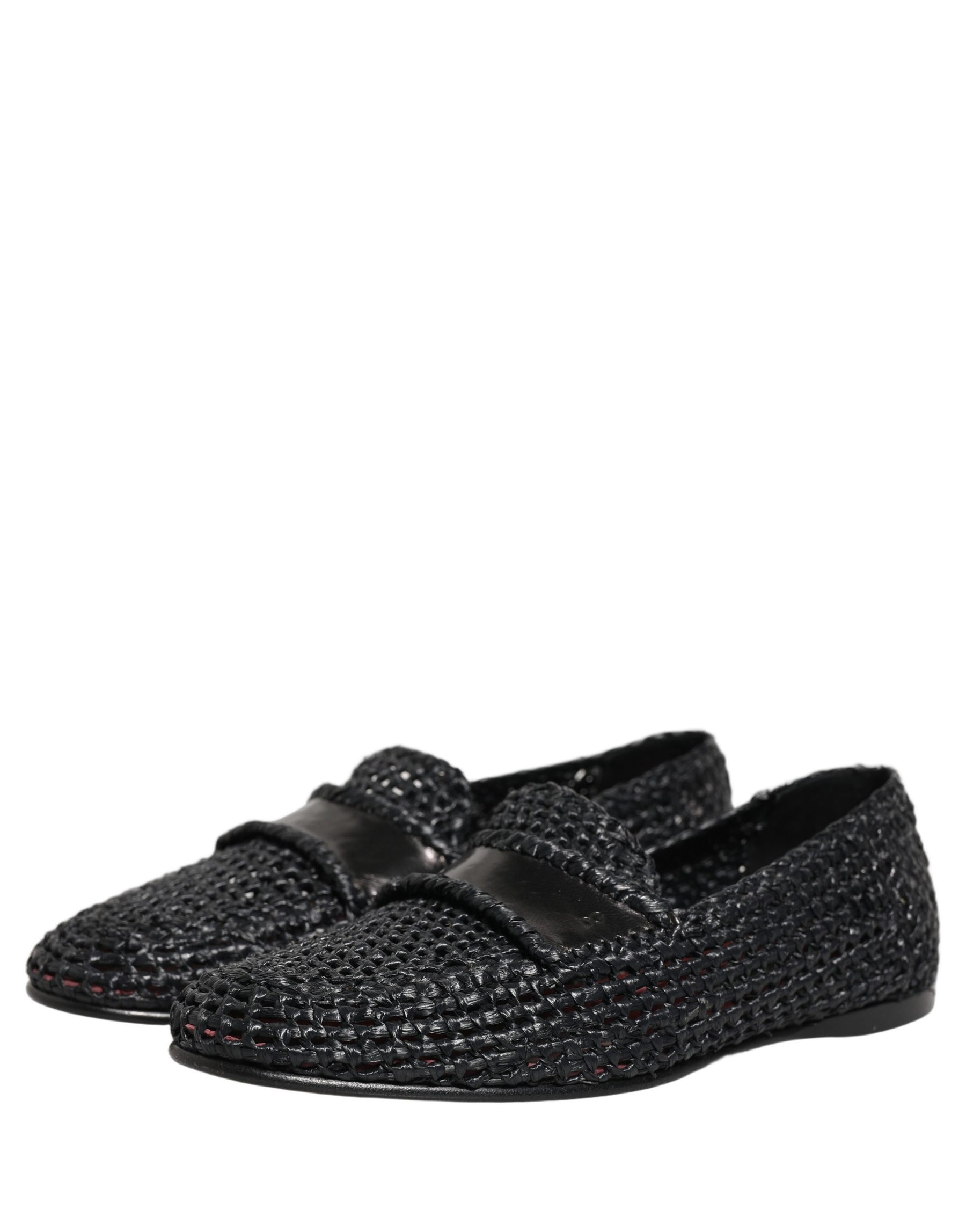 Dolce & Gabbana Black Woven Raffia Slip On Loafers Shoes | Regal Royce