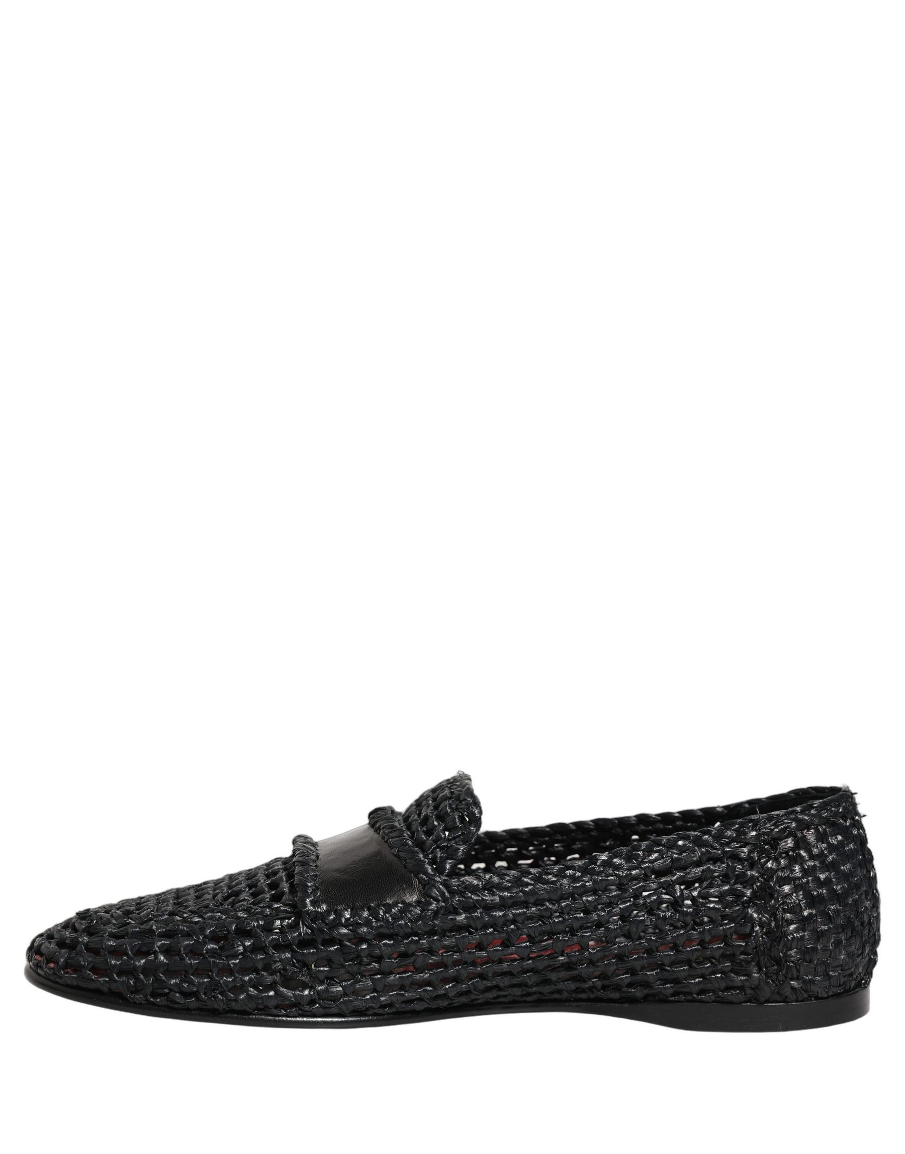 Dolce & Gabbana Black Woven Raffia Slip On Loafers Shoes | Regal Royce