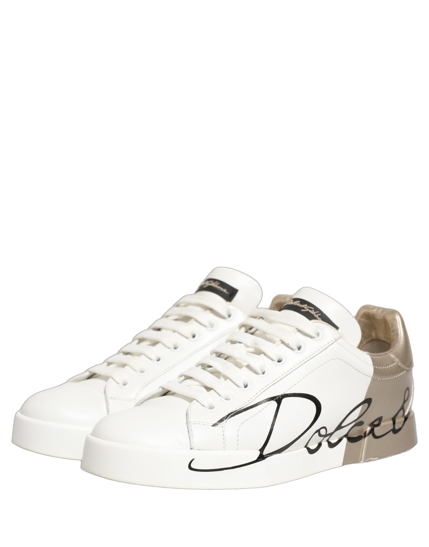 Dolce & Gabbana White Gold Low Top Leather Sneakers Shoes | Regal Royce