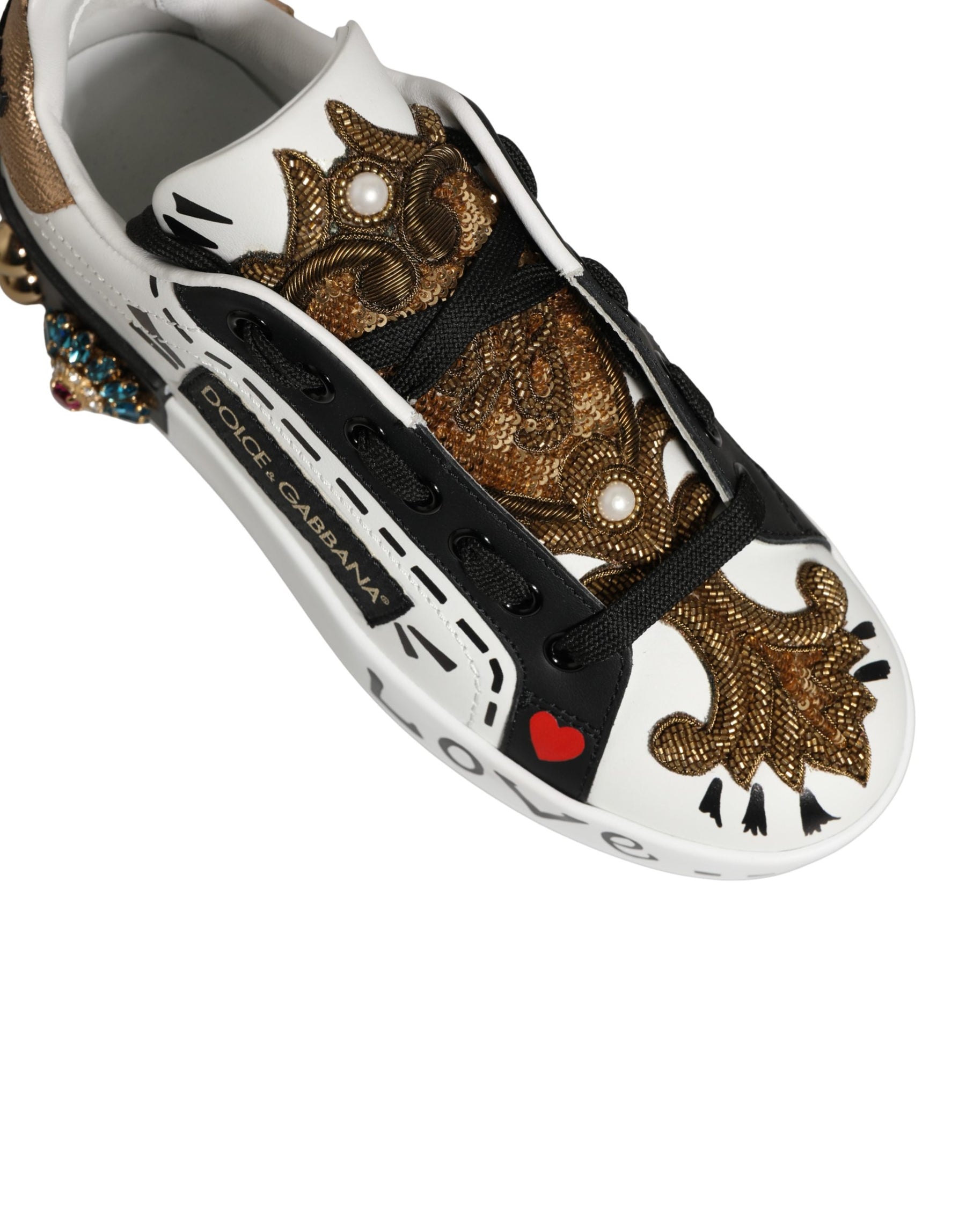 Dolce & Gabbana White Gold Studded Portofino Sneakers Shoes | Regal Royce
