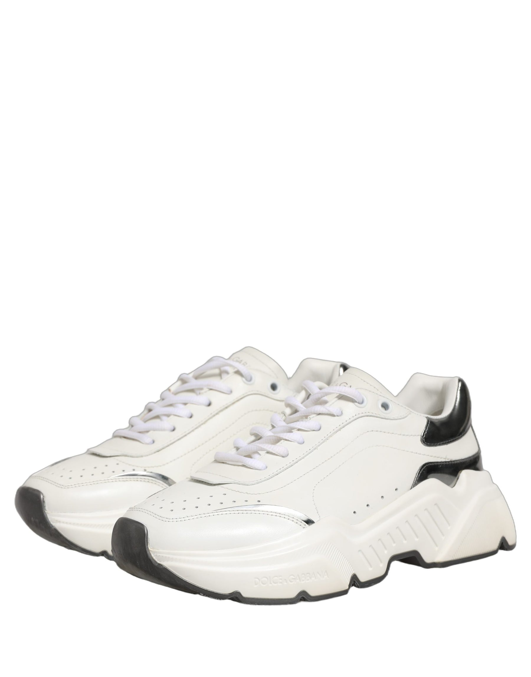 Dolce & Gabbana White Silver Daymaster Leather Low Top Sneakers Shoes | Regal Royce