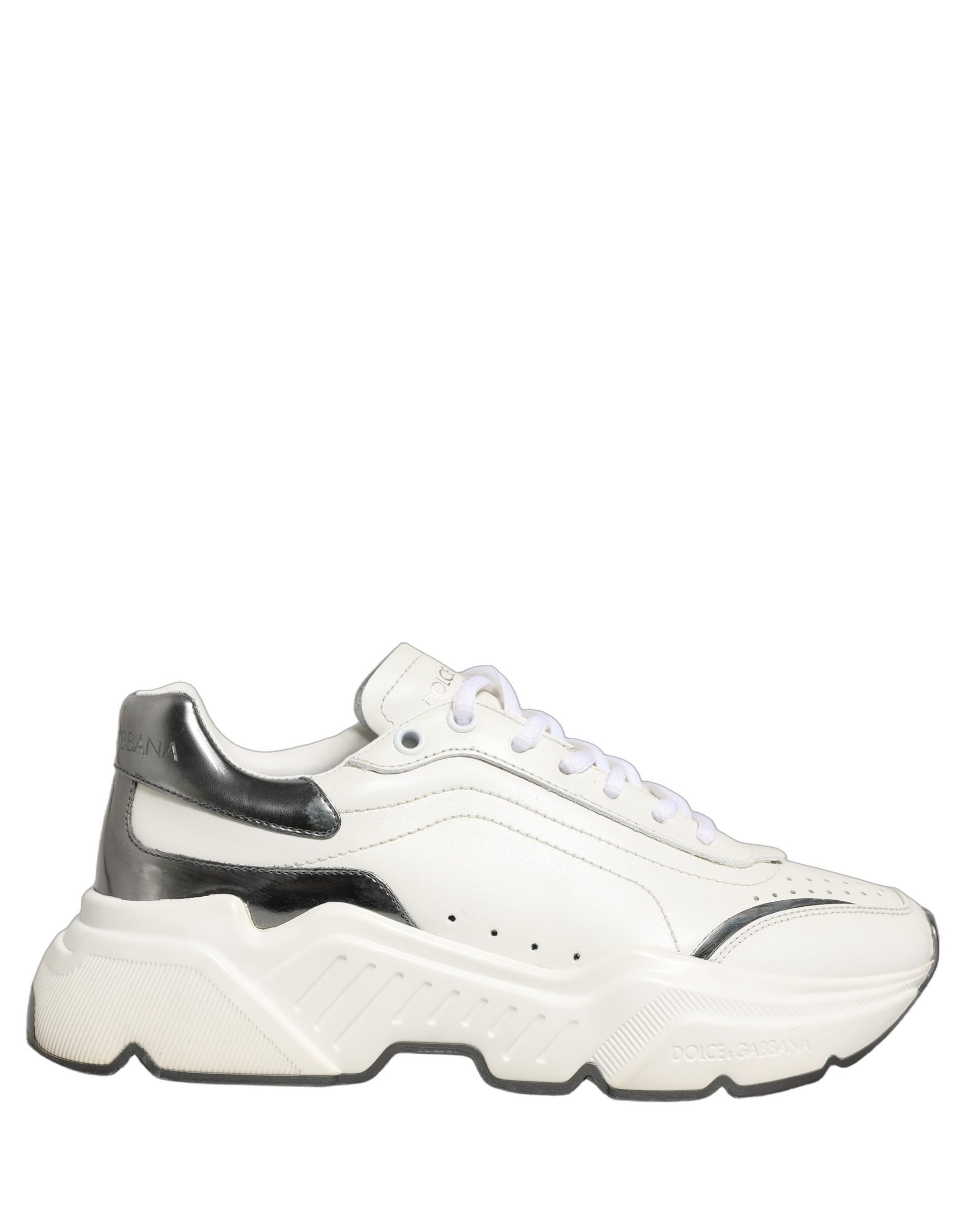 Dolce & Gabbana White Silver Daymaster Leather Low Top Sneakers Shoes | Regal Royce