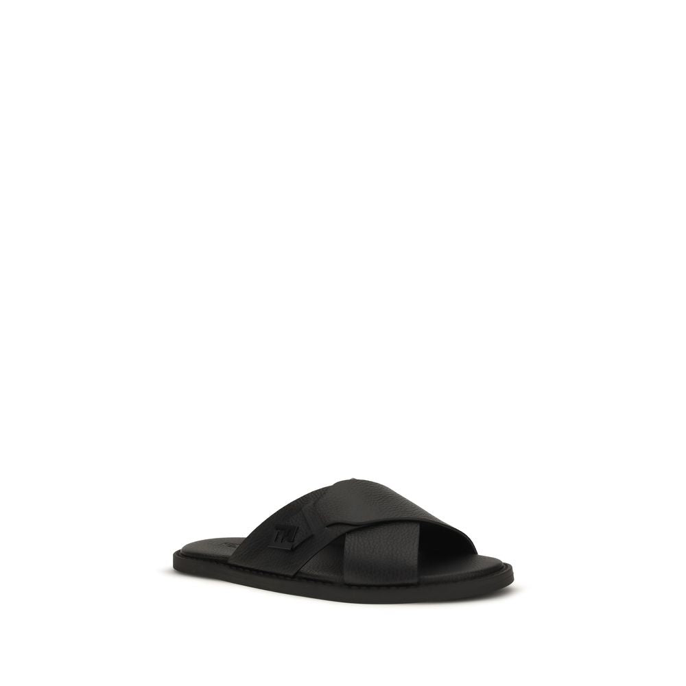 Fendi Black Calf Leather Bos Taurus Flat Sandals | Regal Royce