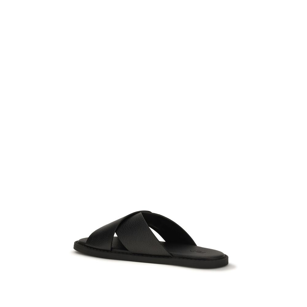 Fendi Black Calf Leather Bos Taurus Flat Sandals | Regal Royce