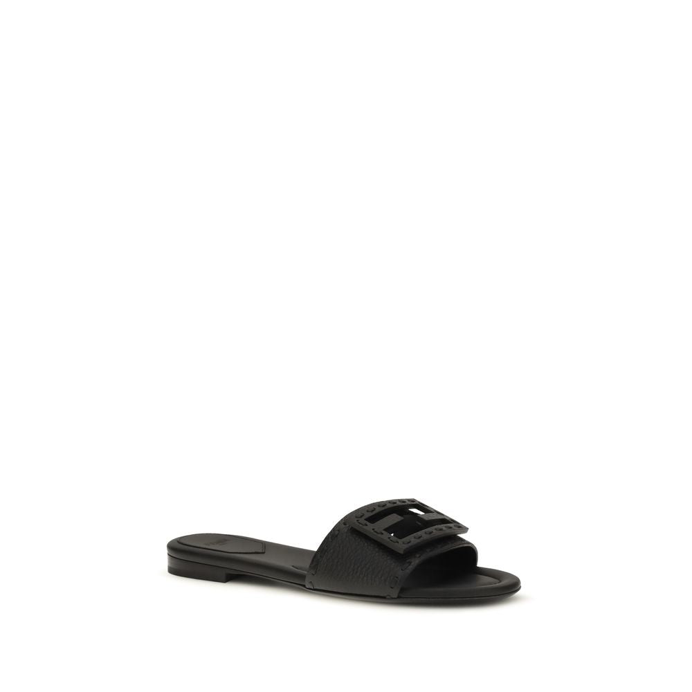 Fendi Black Calf Leather Bos Taurus Flat Sandals | Regal Royce