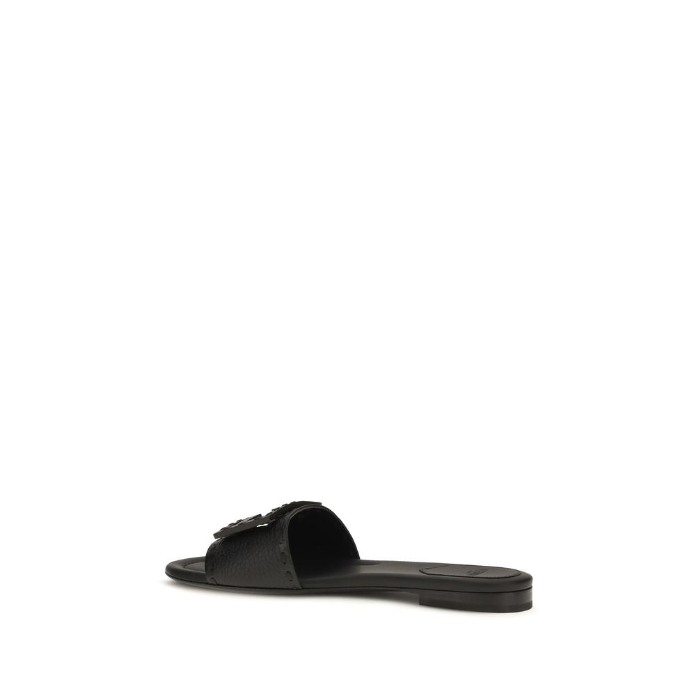 Fendi Black Calf Leather Bos Taurus Flat Sandals | Regal Royce