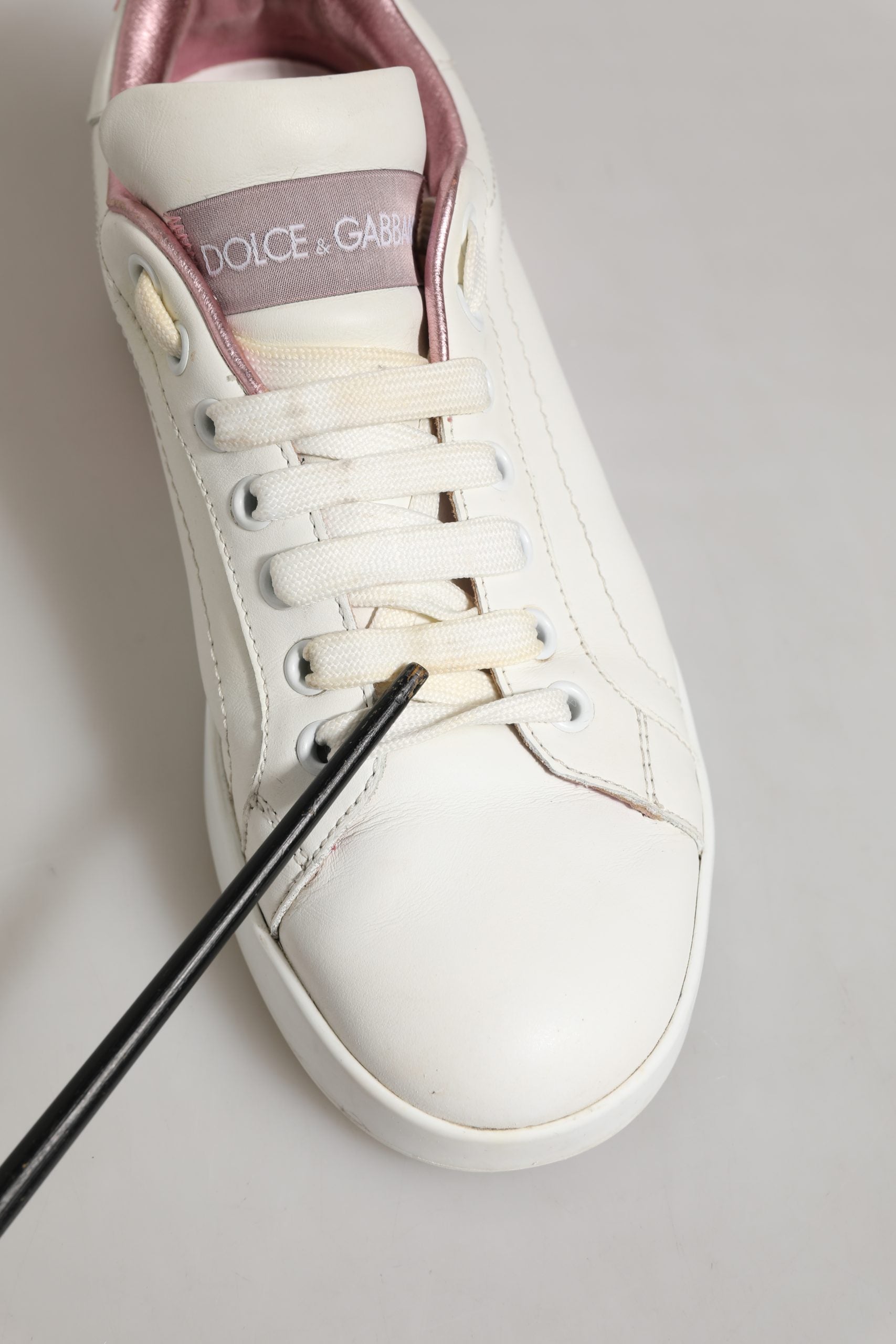 Dolce & Gabbana White Pink Leather Low Top Sneakers Shoes | Regal Royce