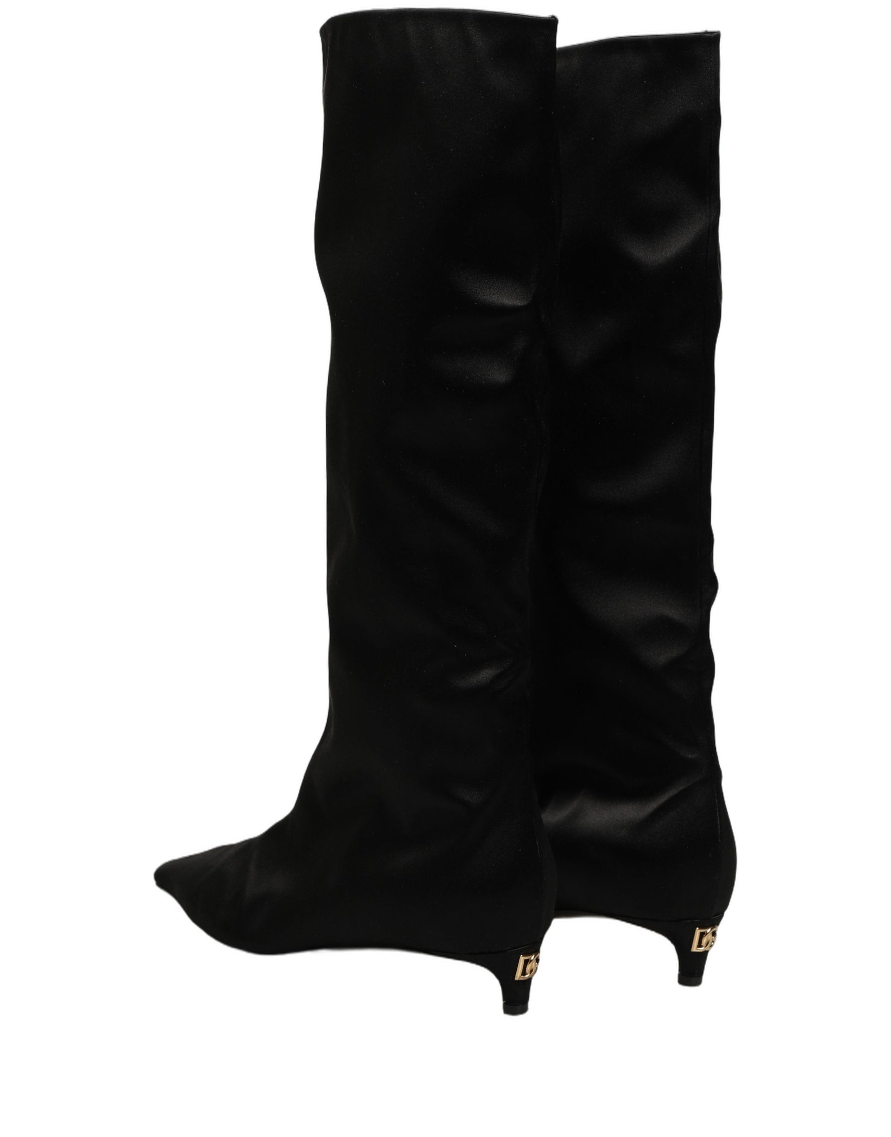 Dolce & Gabbana Black Satin Knee High Kitten Boots Shoes | Regal Royce