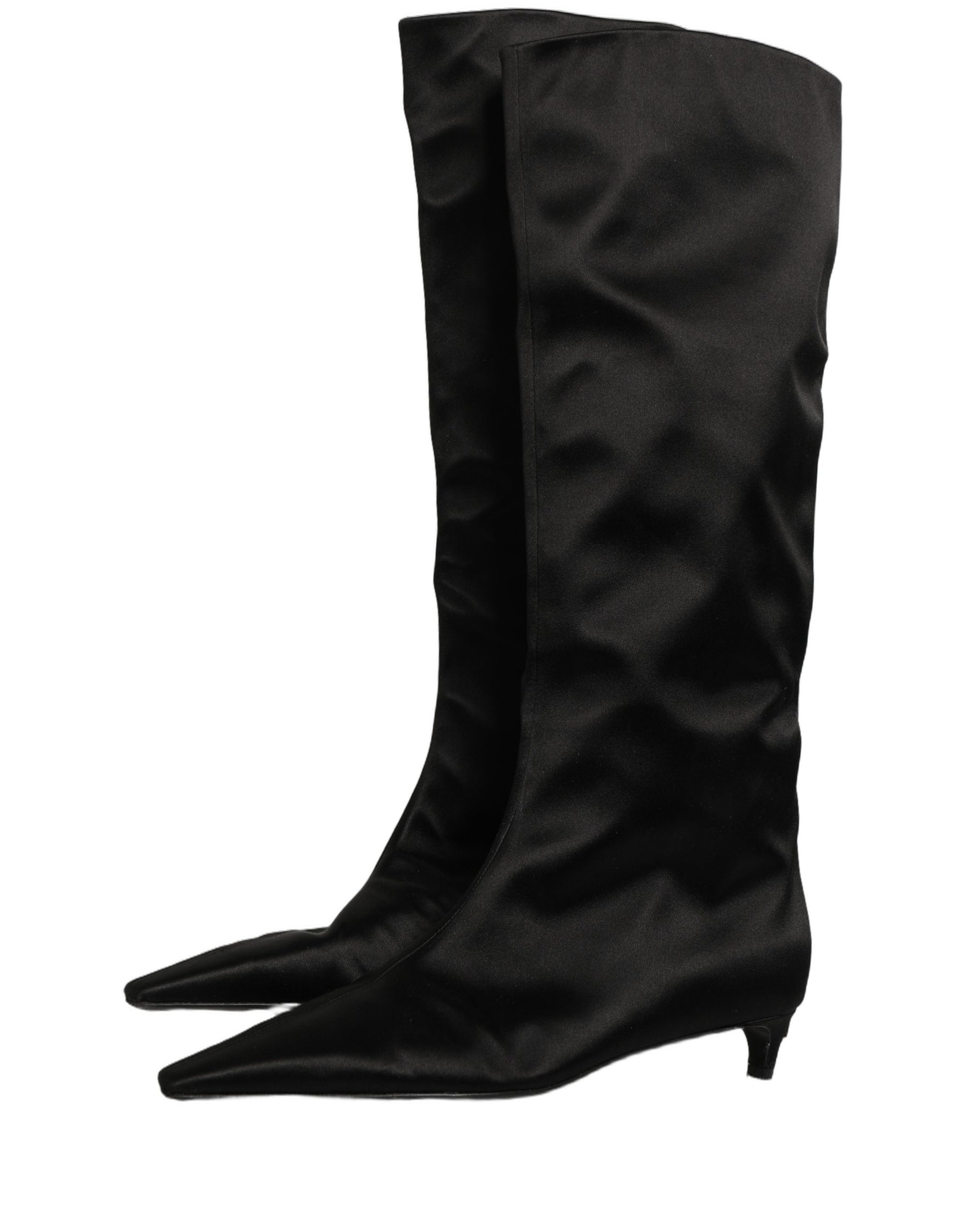 Dolce & Gabbana Black Satin Knee High Kitten Boots Shoes | Regal Royce
