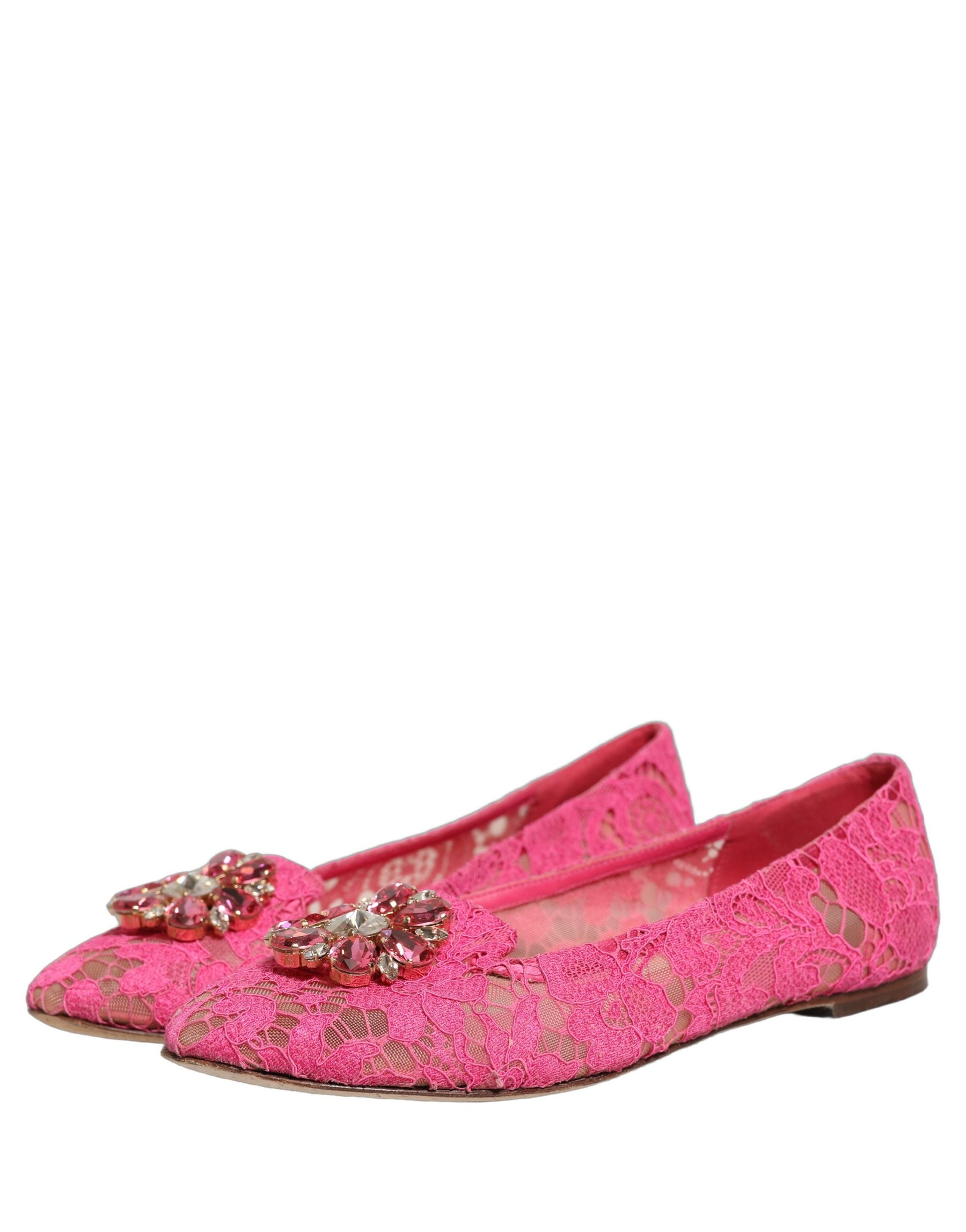 Dolce & Gabbana Pink Taormina Lace Crystals Flats Shoes | Regal Royce