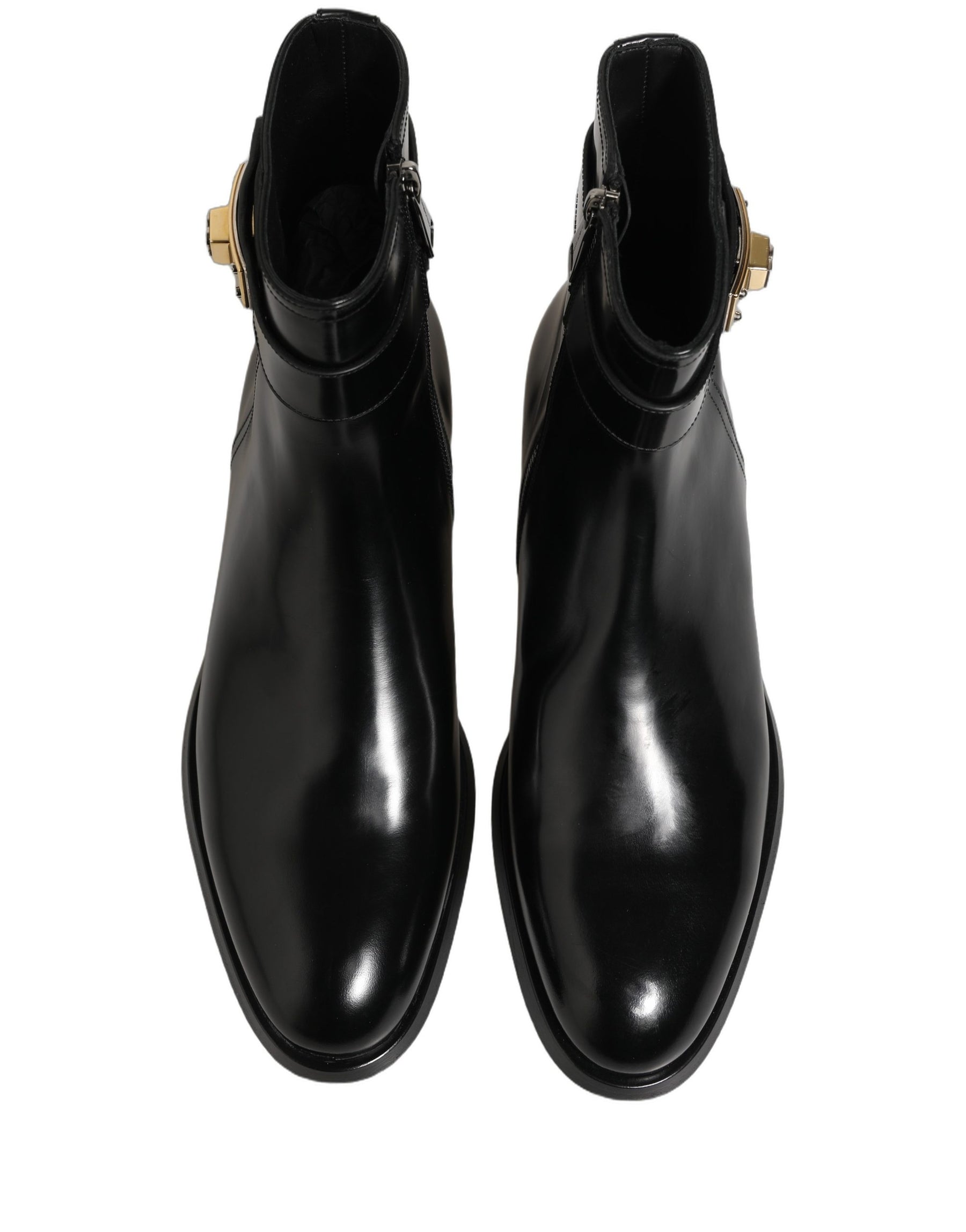 Dolce & Gabbana Black Leather Logo Buckle Mid Calf Boots Shoes | Regal Royce