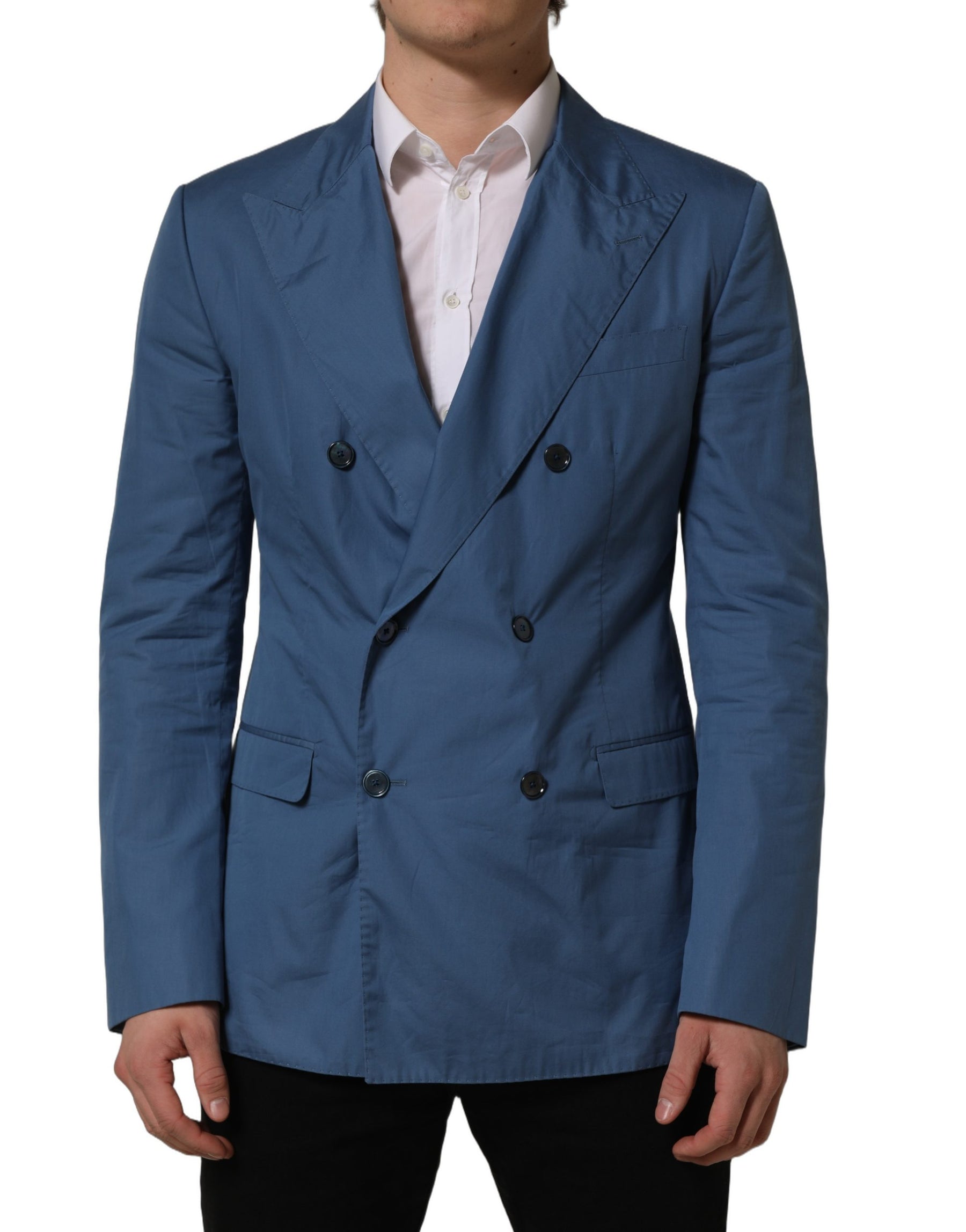 Dolce & Gabbana Blue Cotton Double Breasted Men Coat Blazer | Regal Royce