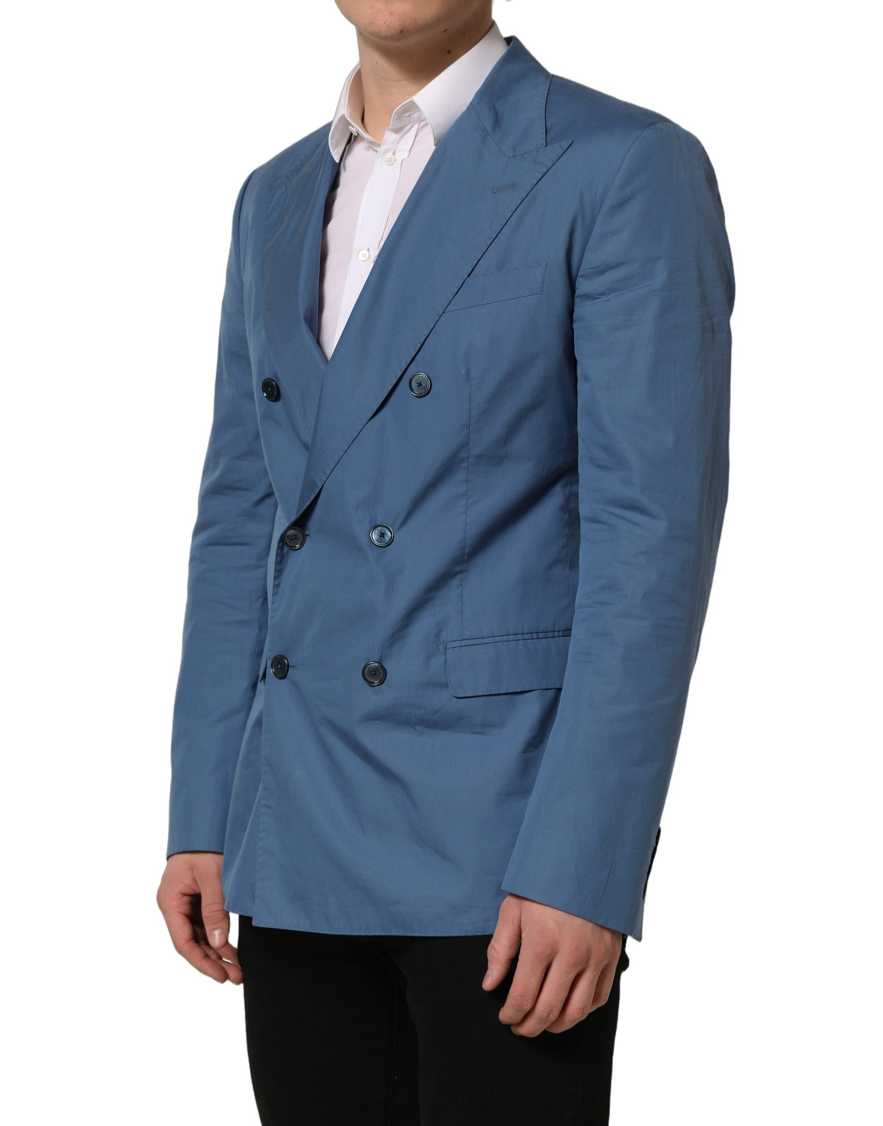 Dolce & Gabbana Blue Cotton Double Breasted Men Coat Blazer | Regal Royce