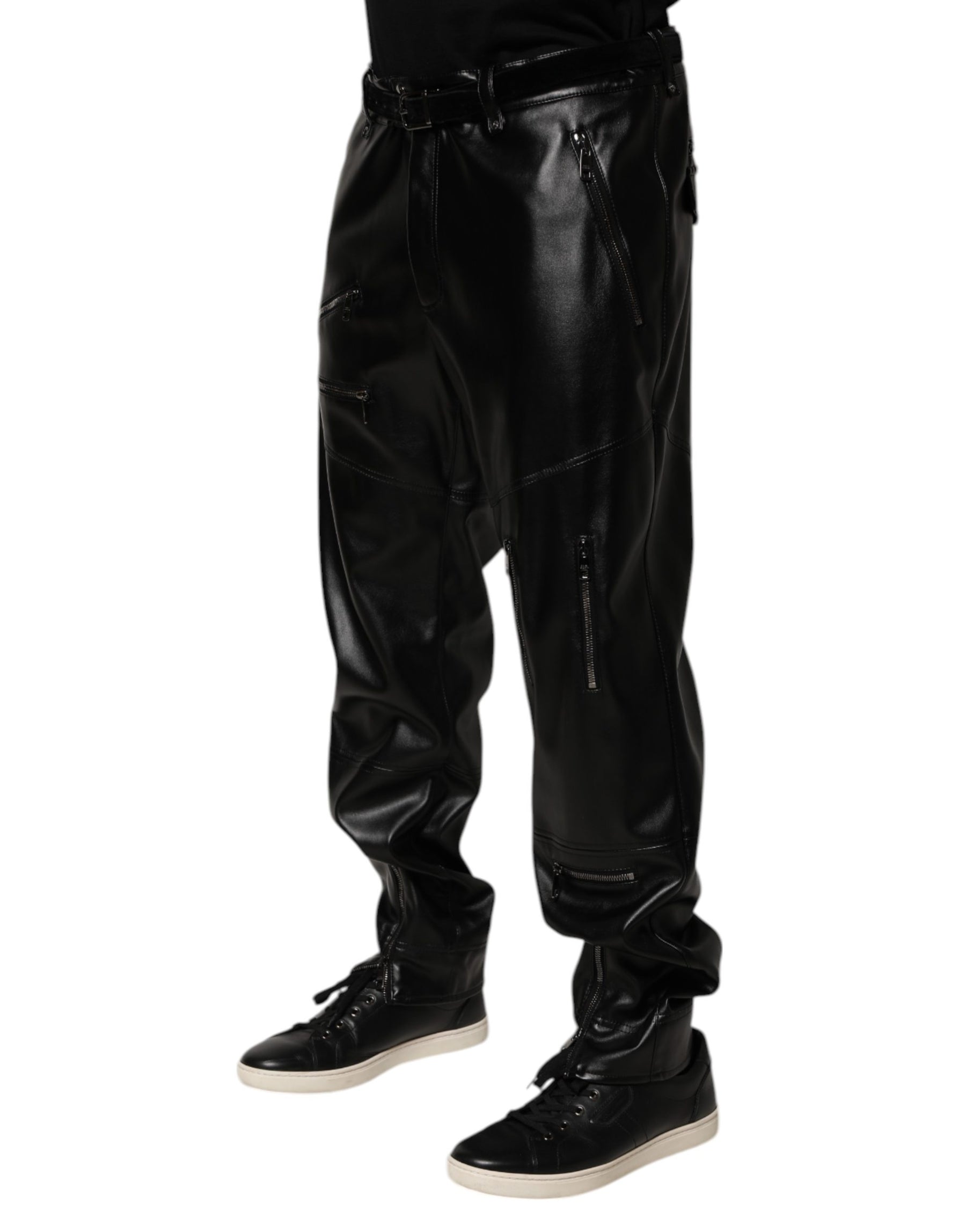 Dolce & Gabbana Black PU Leather Zipper Men Trouser Pants | Regal Royce