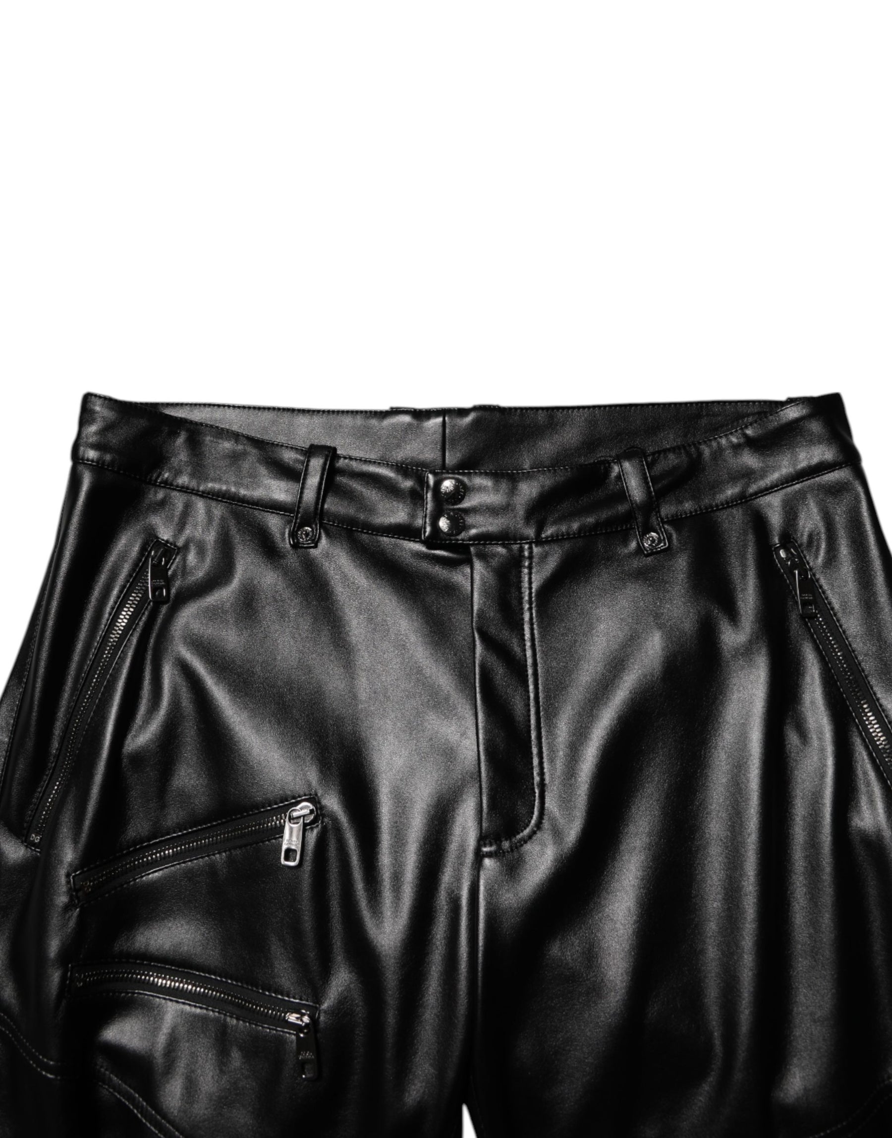 Dolce & Gabbana Black PU Leather Zipper Men Trouser Pants | Regal Royce