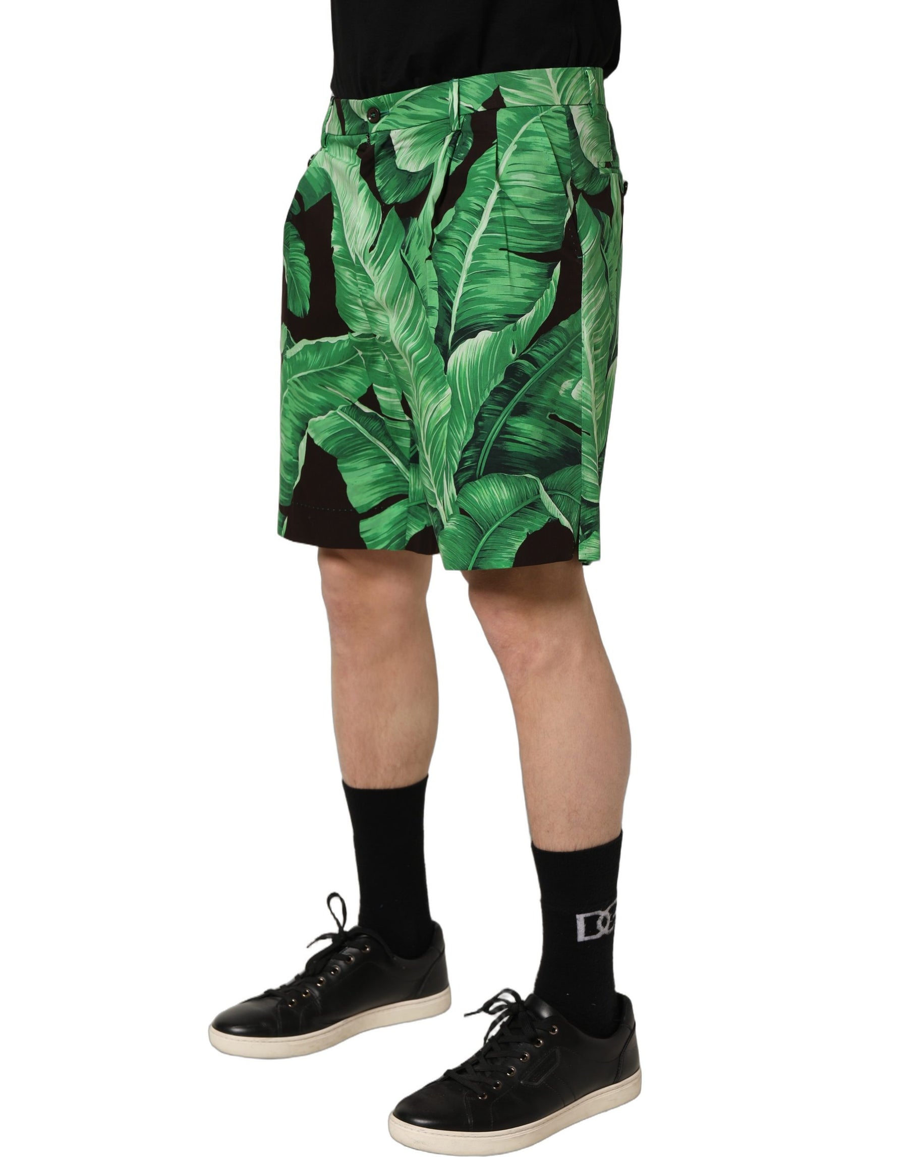 Dolce & Gabbana Black Green Banana Leaf Men Bermuda Shorts | Regal Royce