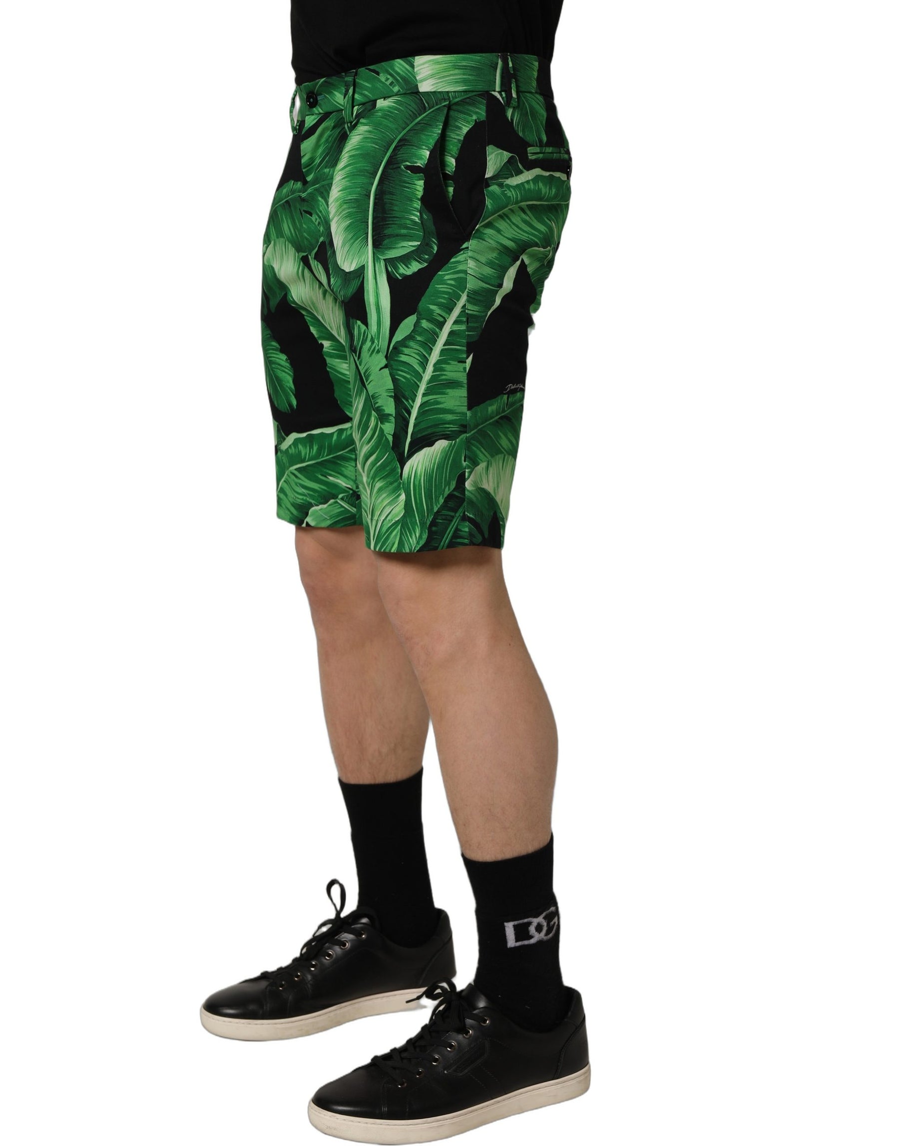 Dolce & Gabbana Black Green Banana Leaf Men Bermuda Shorts | Regal Royce