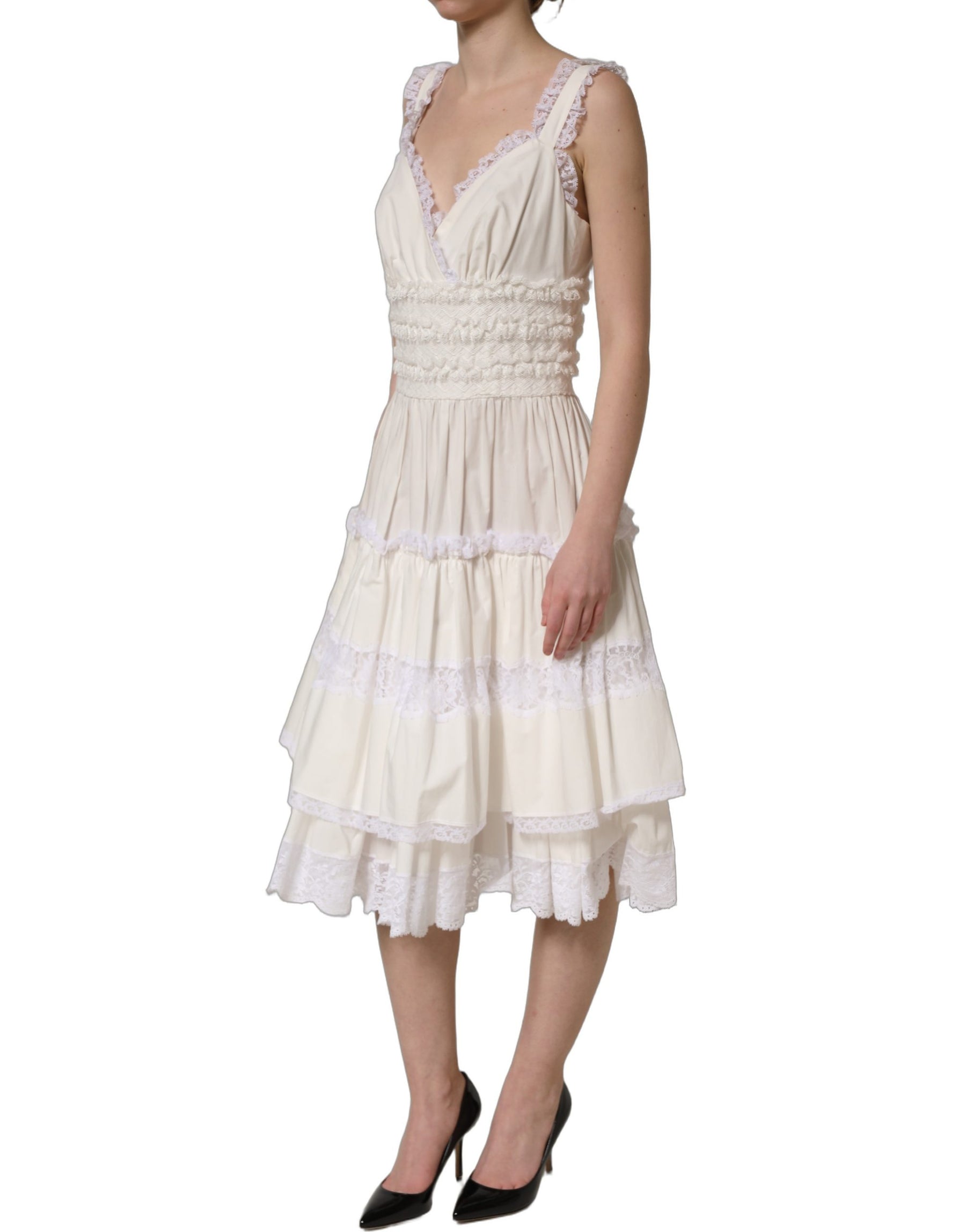 Dolce & Gabbana White Cotton Poplin Ruffled Midi Dress | Regal Royce