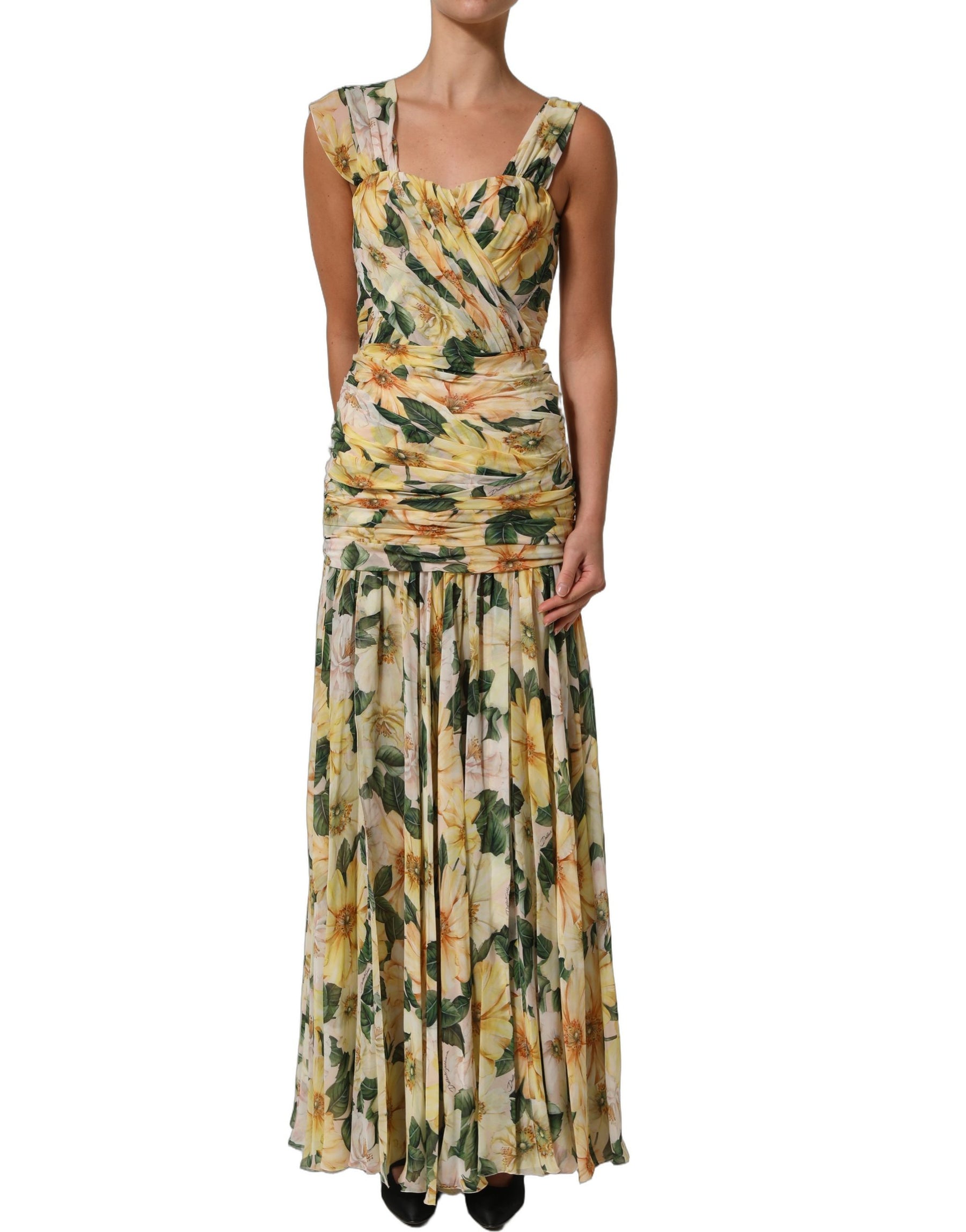 Dolce & Gabbana Yellow Floral Print Silk Pleated Maxi Dress | Regal Royce