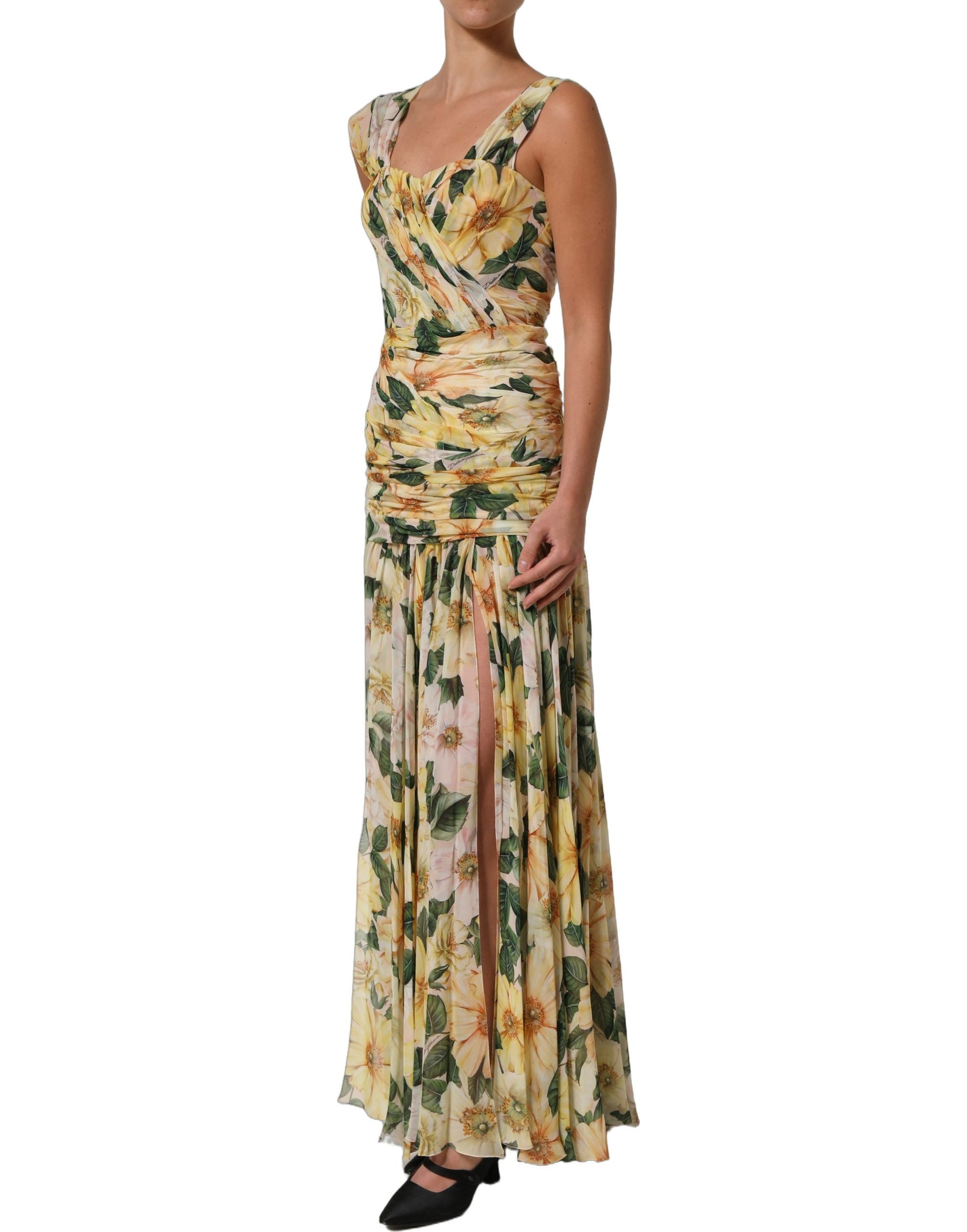 Dolce & Gabbana Yellow Floral Print Silk Pleated Maxi Dress | Regal Royce