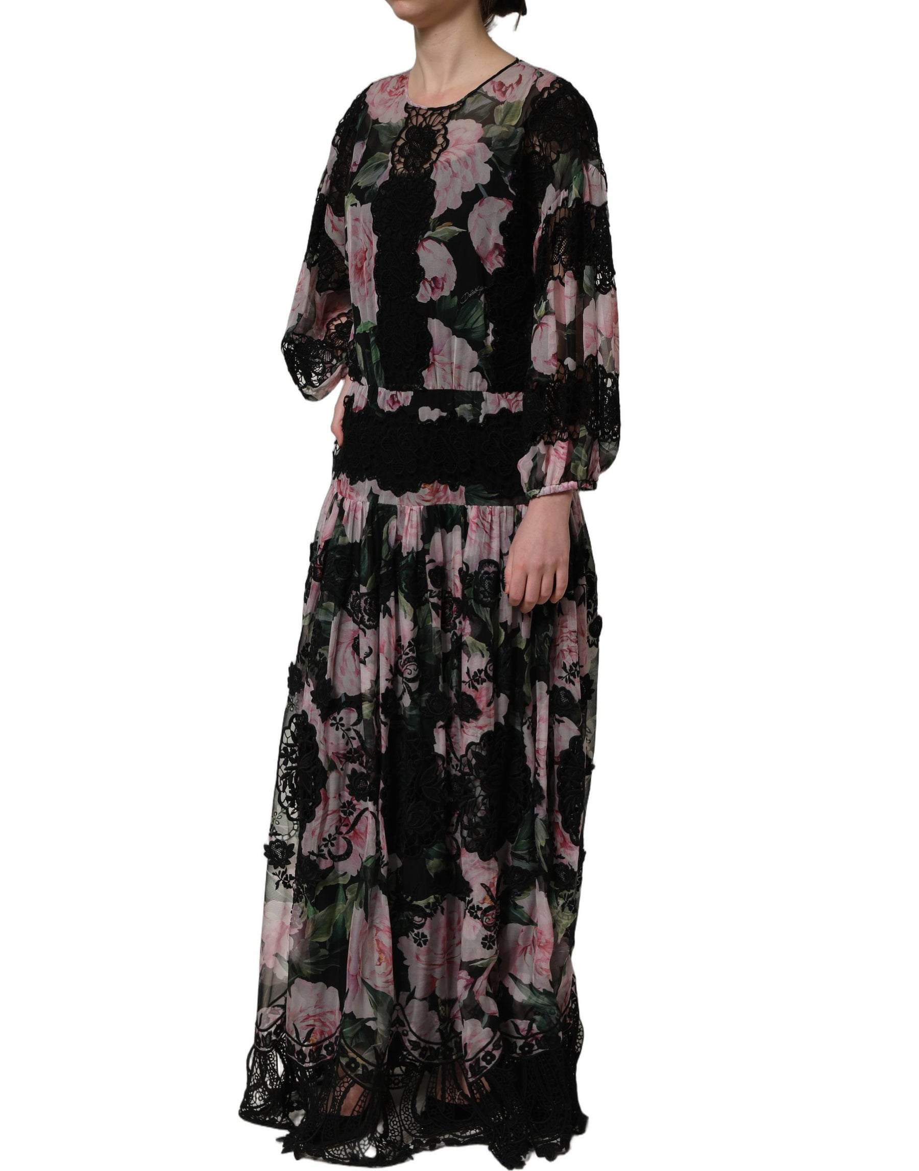 Dolce & Gabbana Black Floral Print Cotton Lace Maxi Dress | Regal Royce