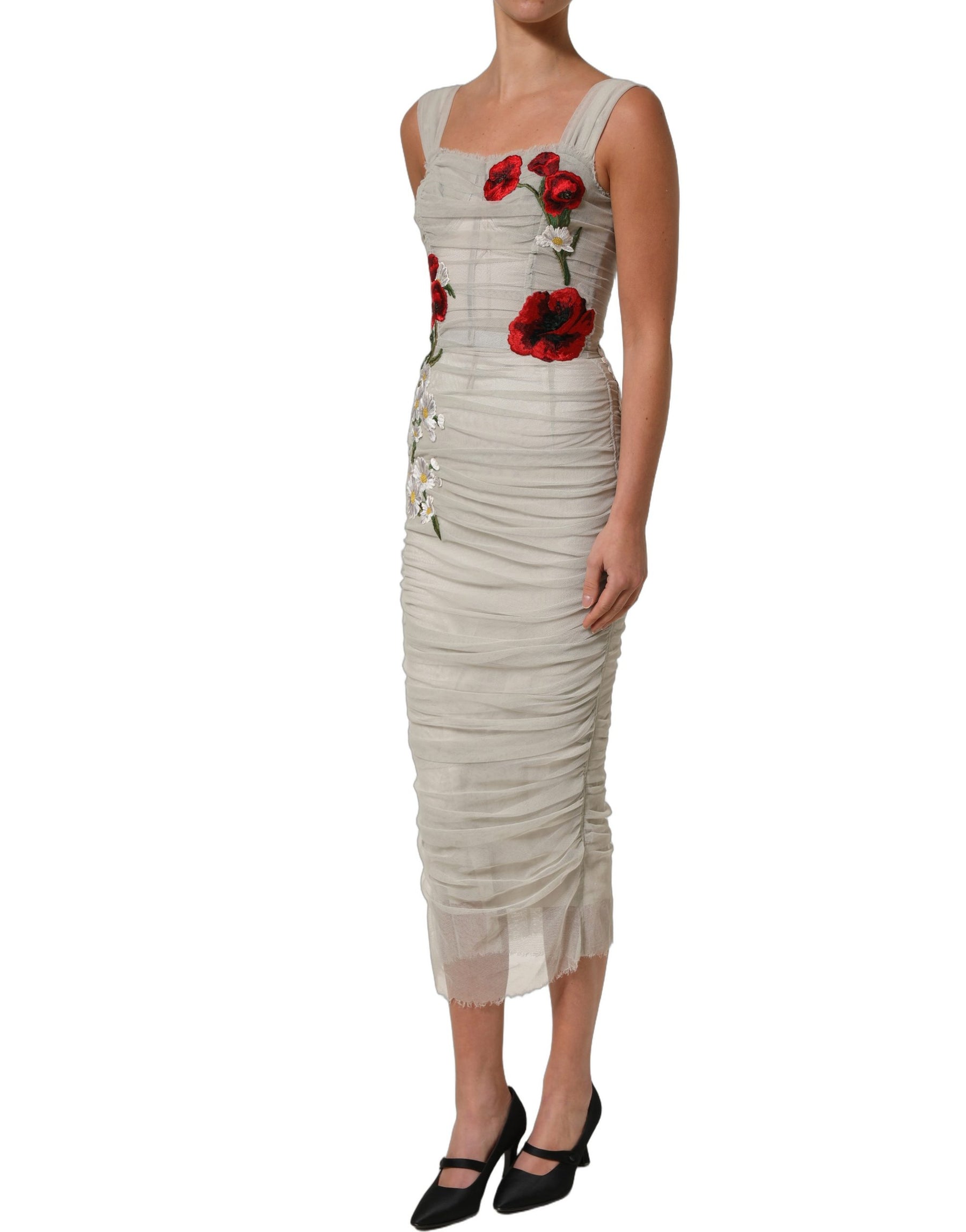 Dolce & Gabbana Light Gray Rose Embroidery Sheath Midi Dress | Regal Royce