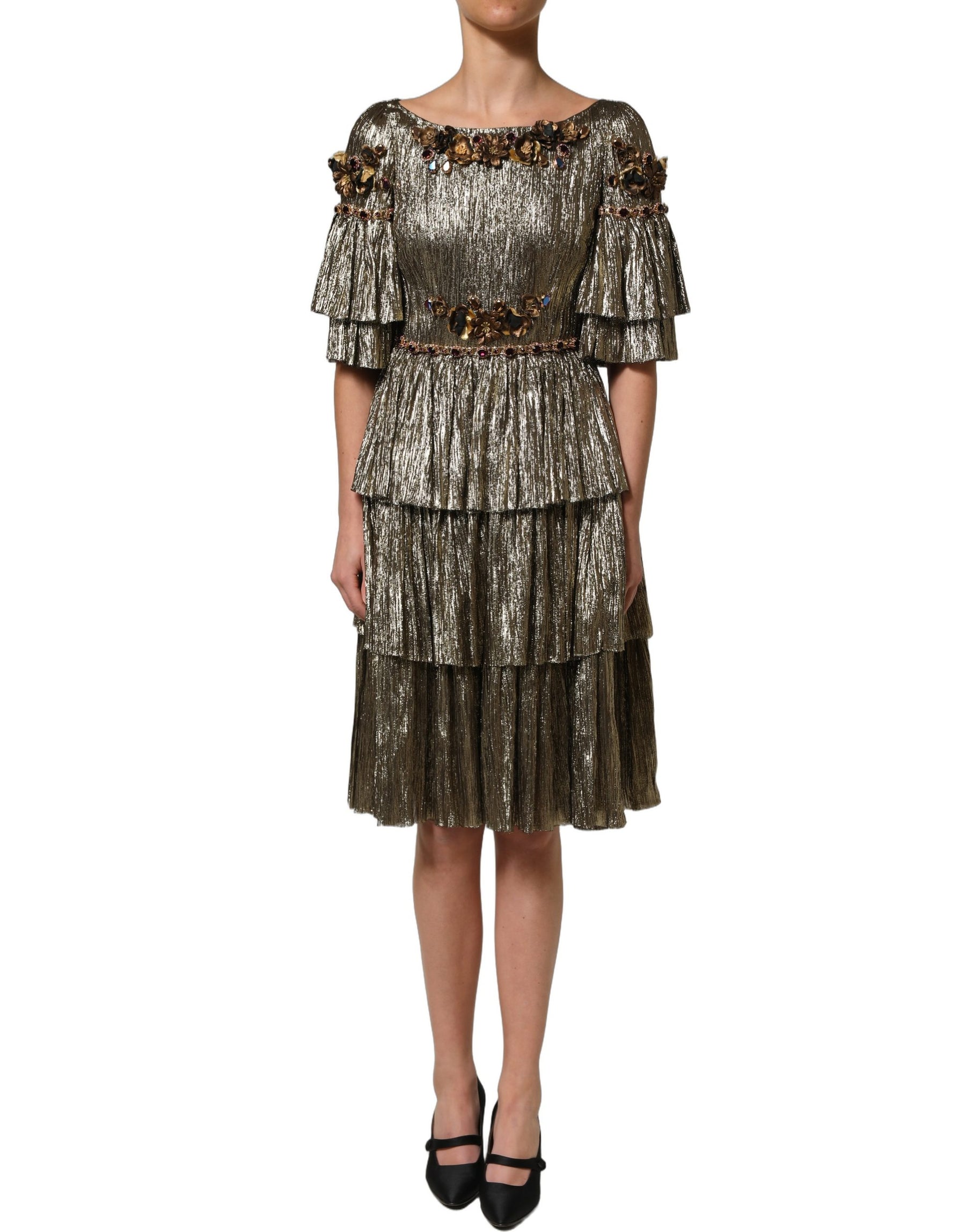 Dolce & Gabbana Metallic Gold Embellished Tiered Midi Dress | Regal Royce