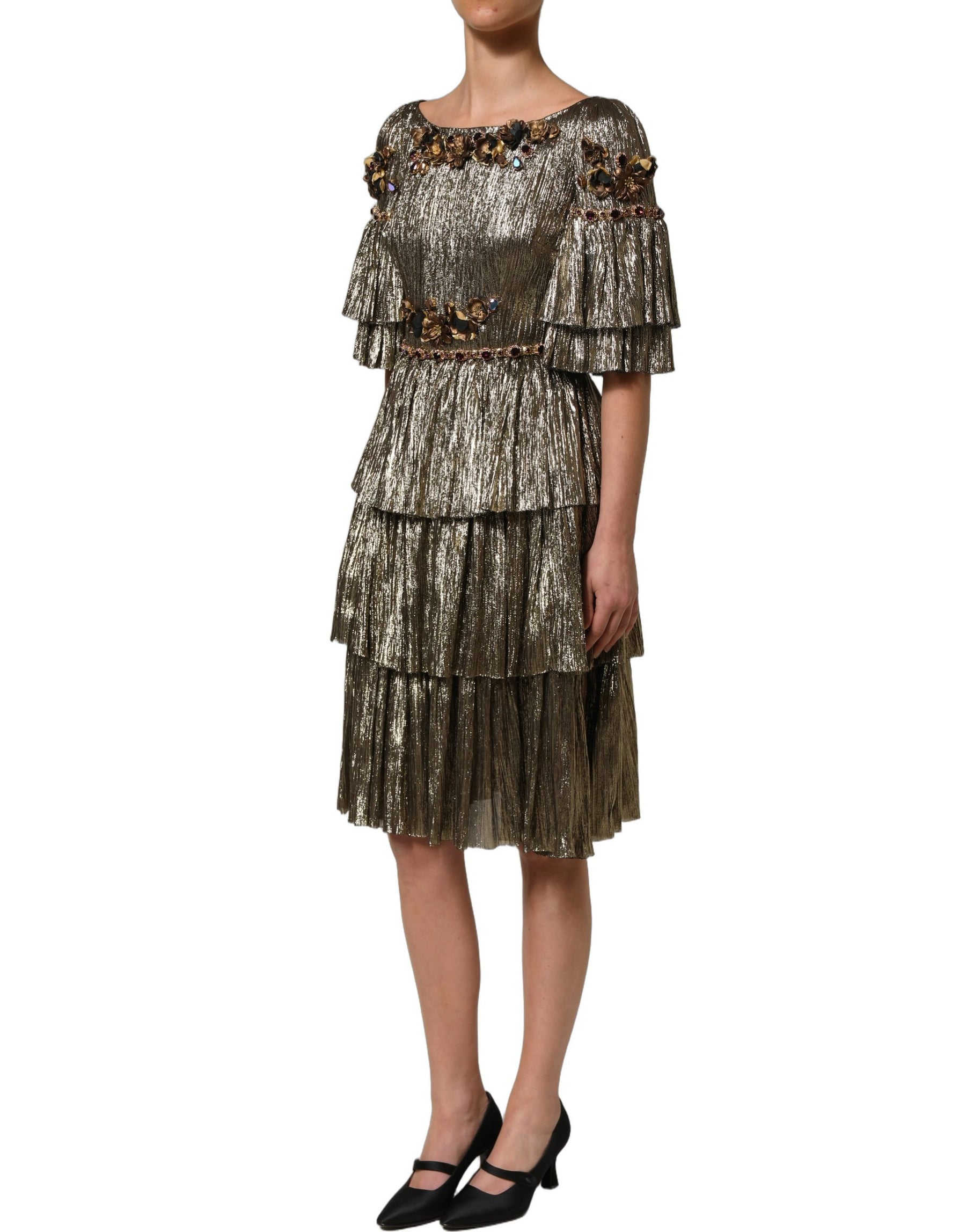 Dolce & Gabbana Metallic Gold Embellished Tiered Midi Dress | Regal Royce