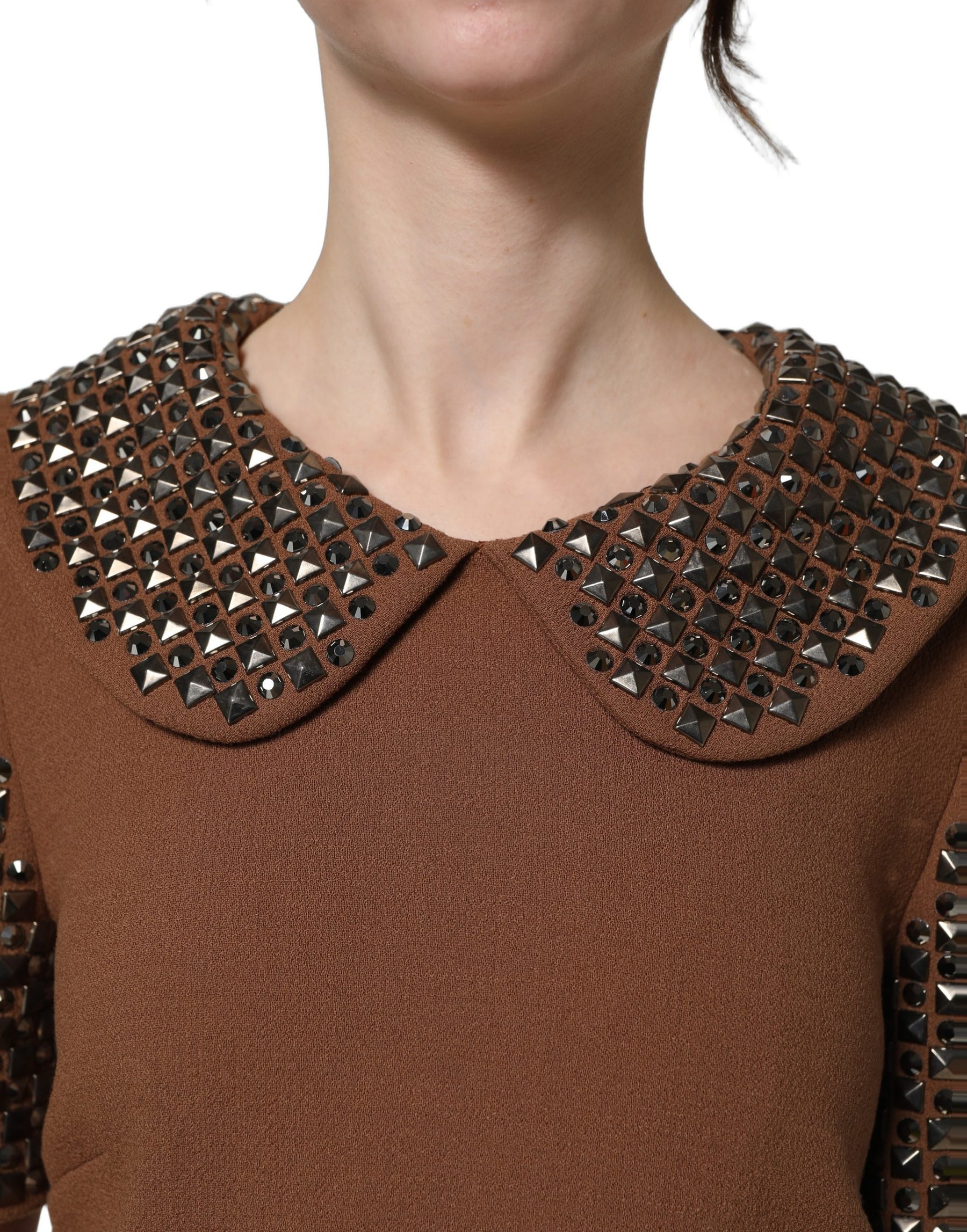 Dolce & Gabbana Brown Wool Rhinestone Embellished Midi Dress | Regal Royce