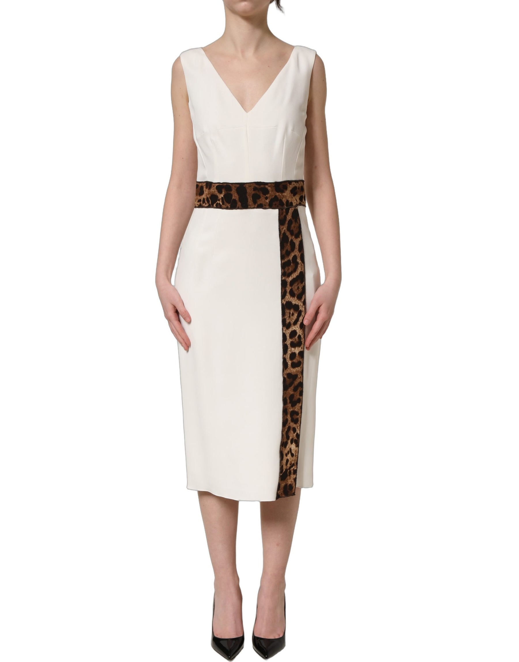 Dolce & Gabbana White Leopard Sleeveless Sheath Midi Dress | Regal Royce