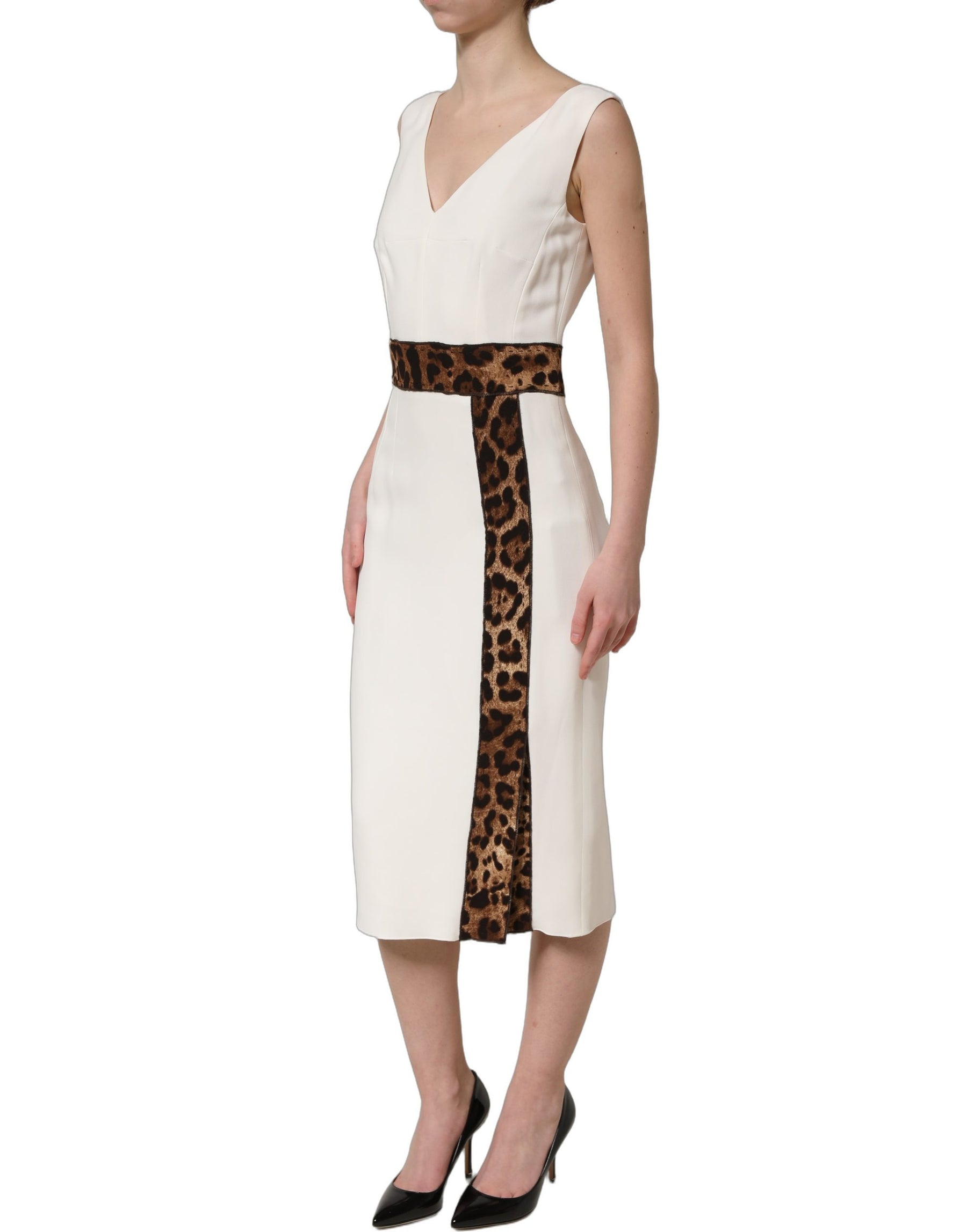 Dolce & Gabbana White Leopard Sleeveless Sheath Midi Dress | Regal Royce