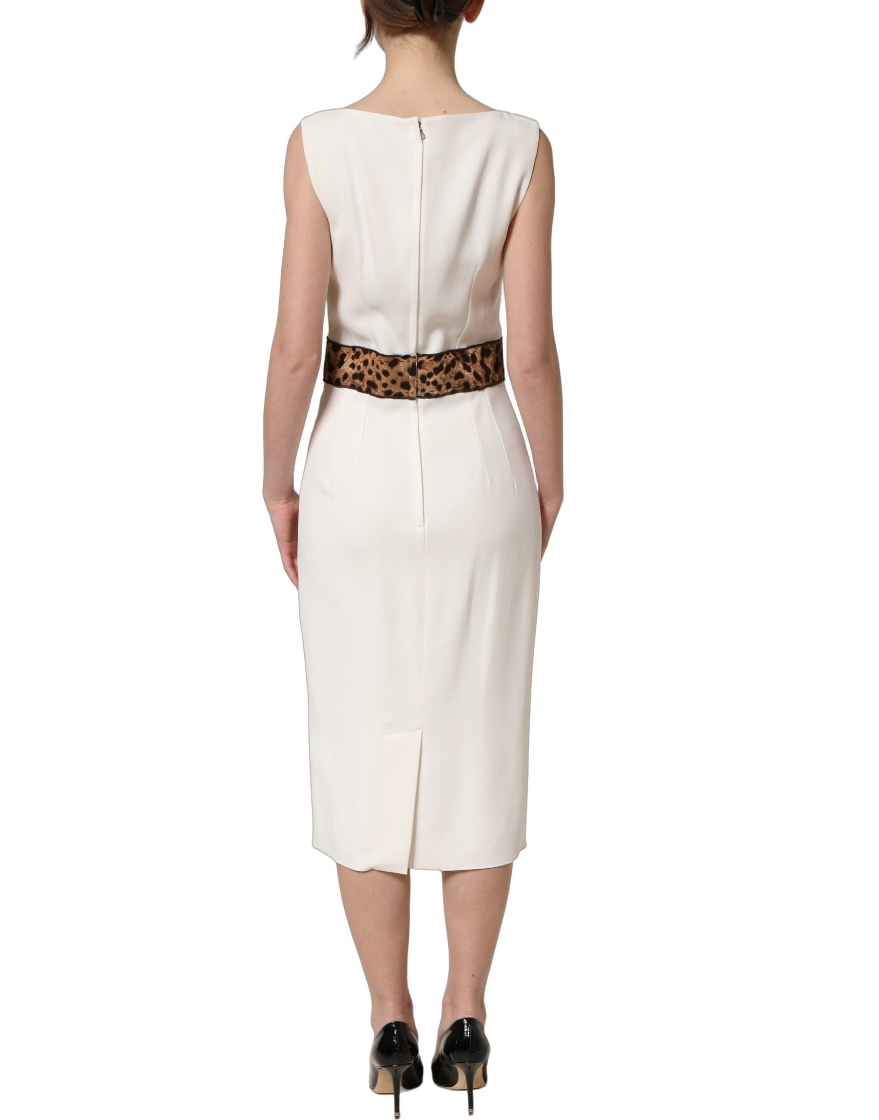 Dolce & Gabbana White Leopard Sleeveless Sheath Midi Dress | Regal Royce