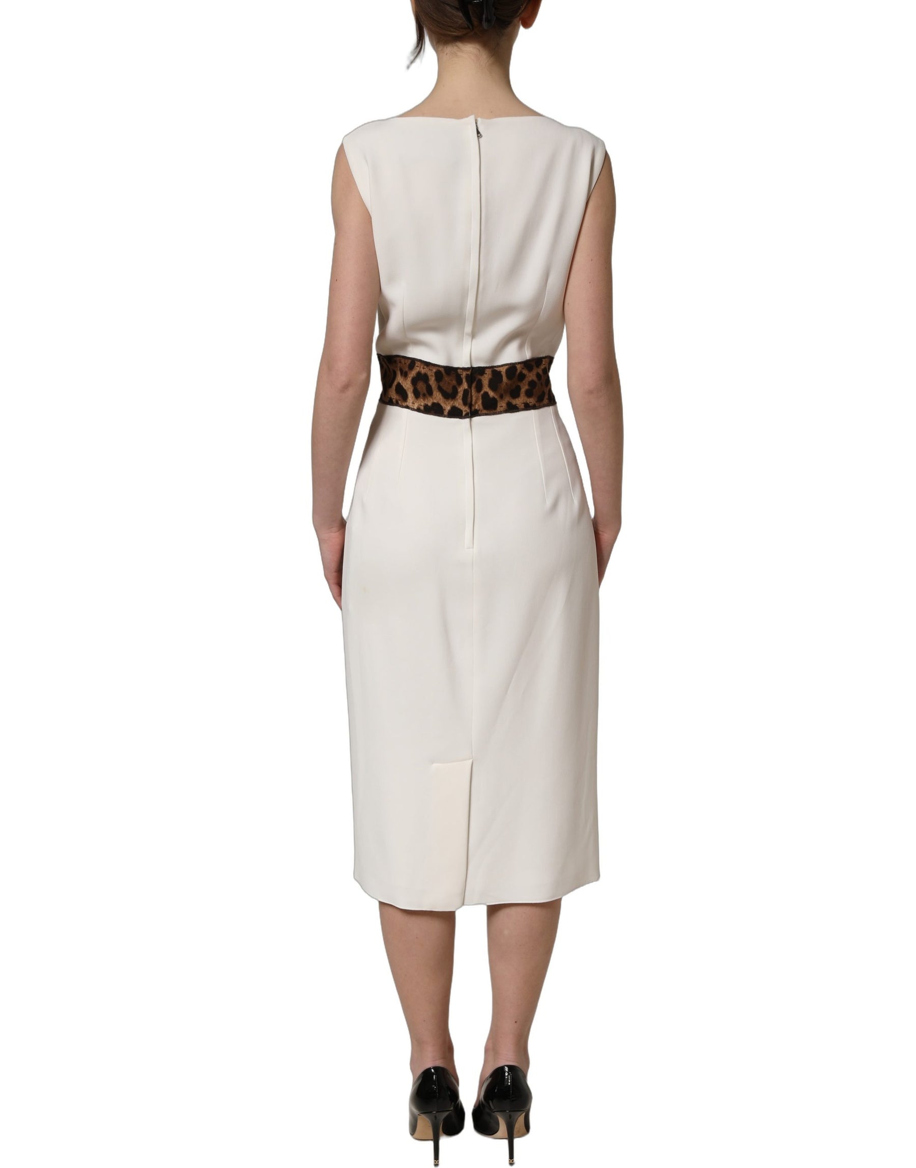 Dolce & Gabbana White Leopard Sleeveless Sheath Midi Dress | Regal Royce