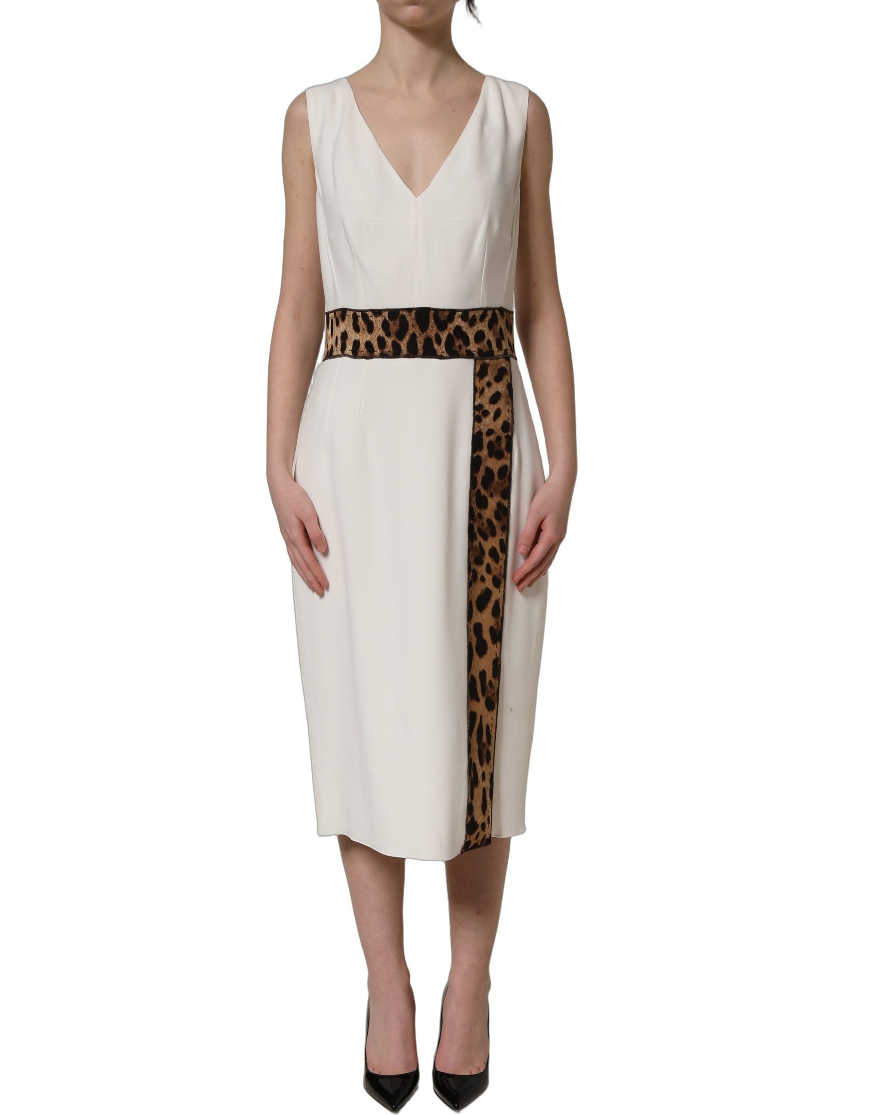 Dolce & Gabbana White Leopard Sleeveless Sheath Midi Dress | Regal Royce