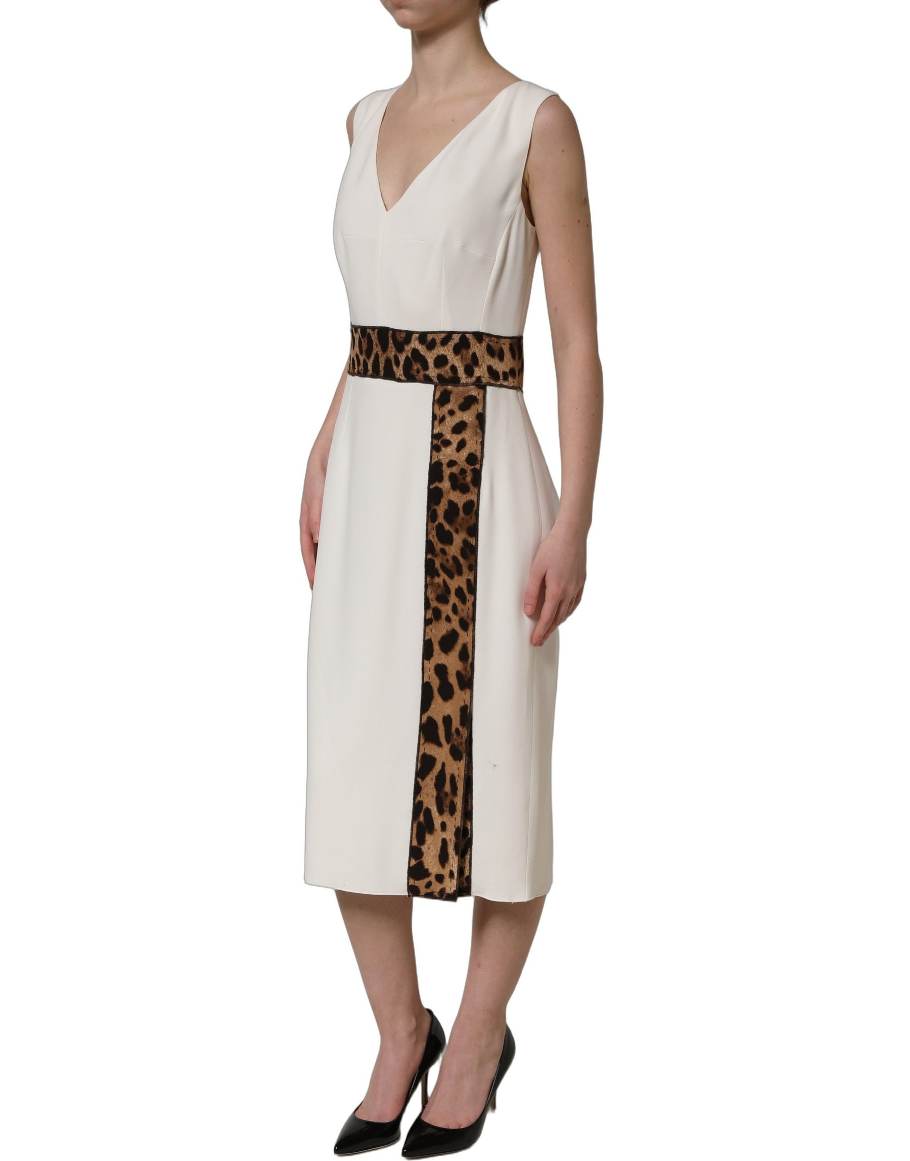 Dolce & Gabbana White Leopard Sleeveless Sheath Midi Dress | Regal Royce