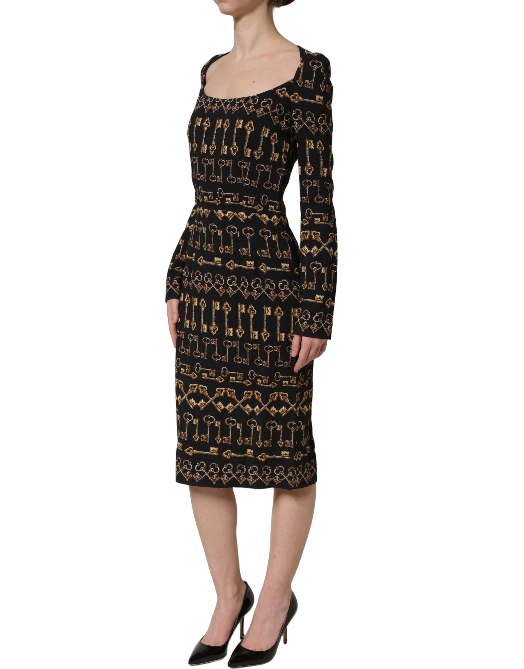 Dolce & Gabbana Black Key Print Long Sleeves Sheath Midi Dress | Regal Royce