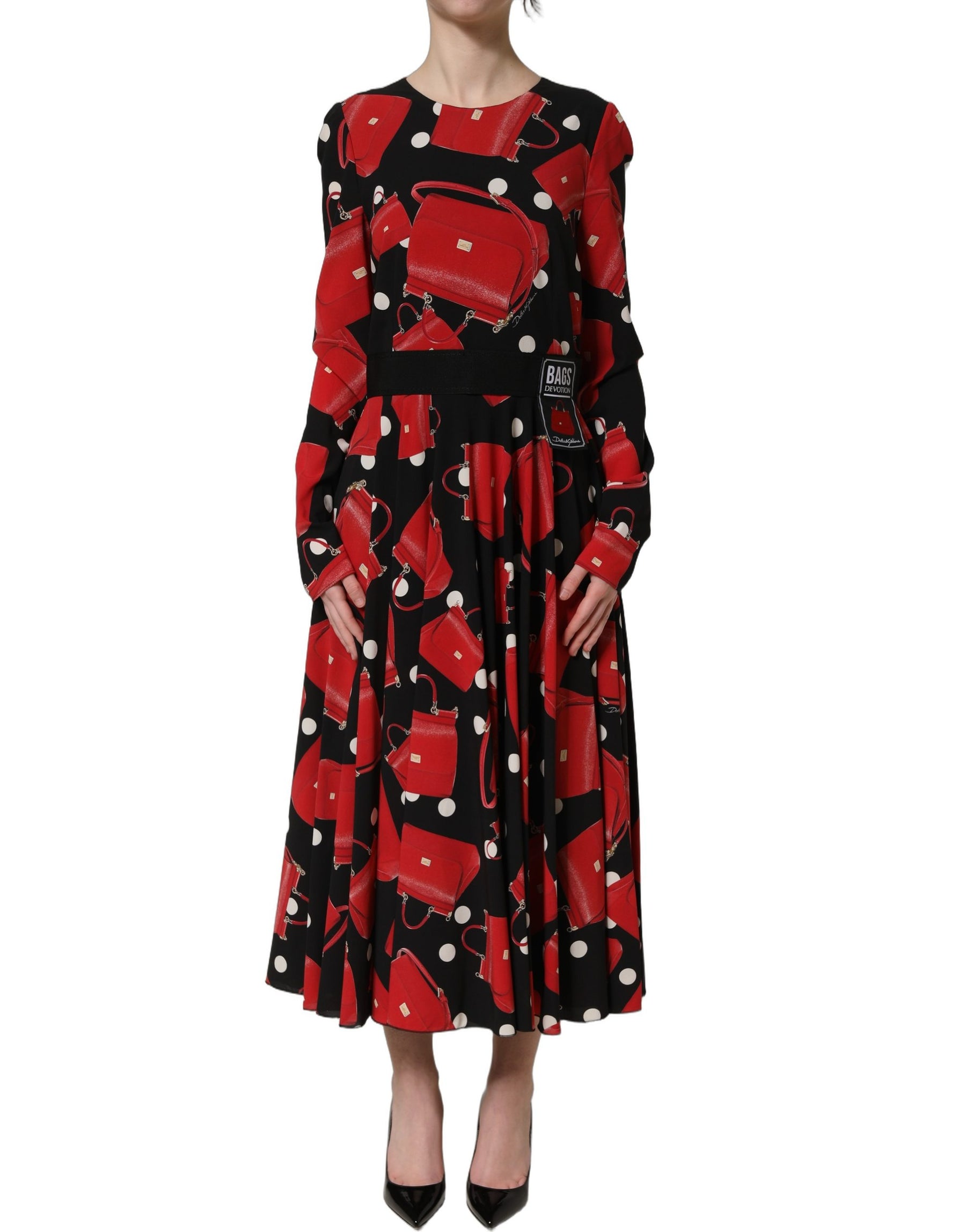 Dolce & Gabbana Black Handbag Print Long Sleeve Midi Dress | Regal Royce
