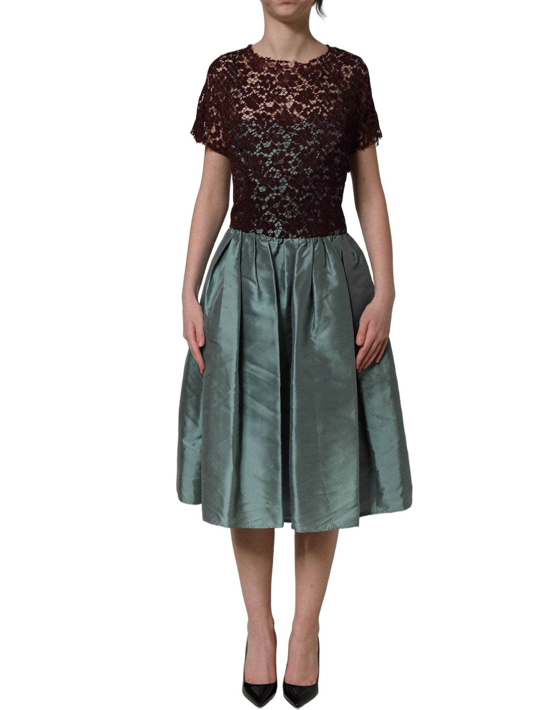 Dolce & Gabbana Multicolor Floral Lace Taffeta Pleated Midi Dress | Regal Royce